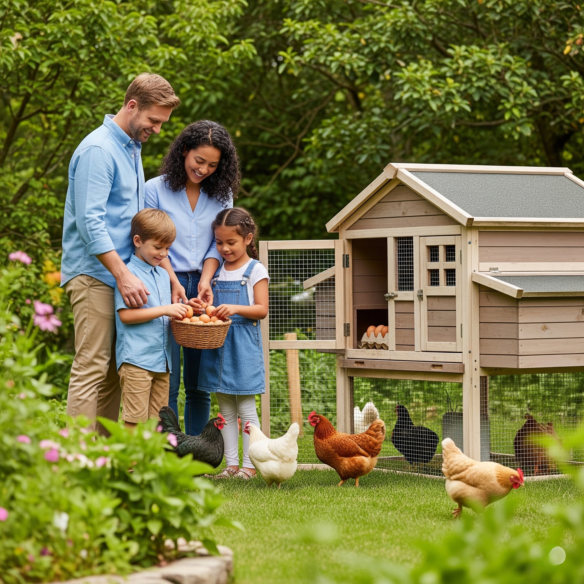 happy-family-collecting-eggs-backyard-chicken-coop