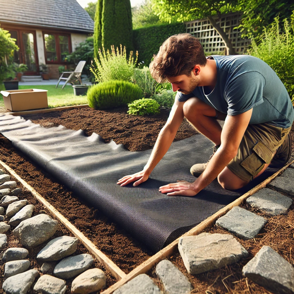 installing-weed-barrier-under-landscaping-stones