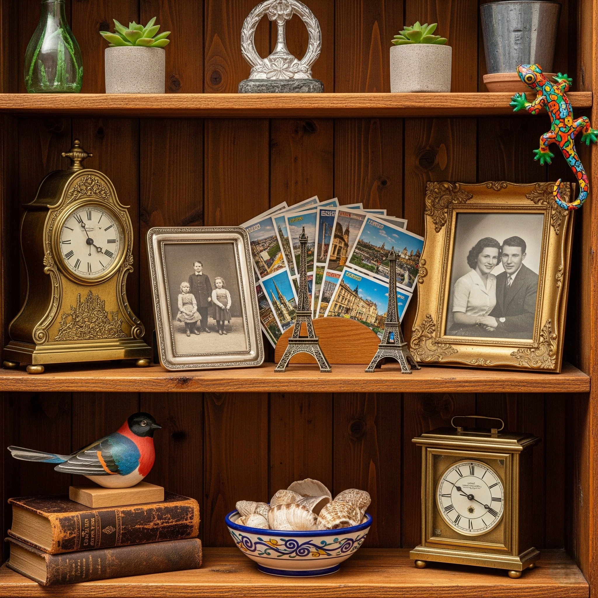 display shelf adorned with a mix of family heirlooms