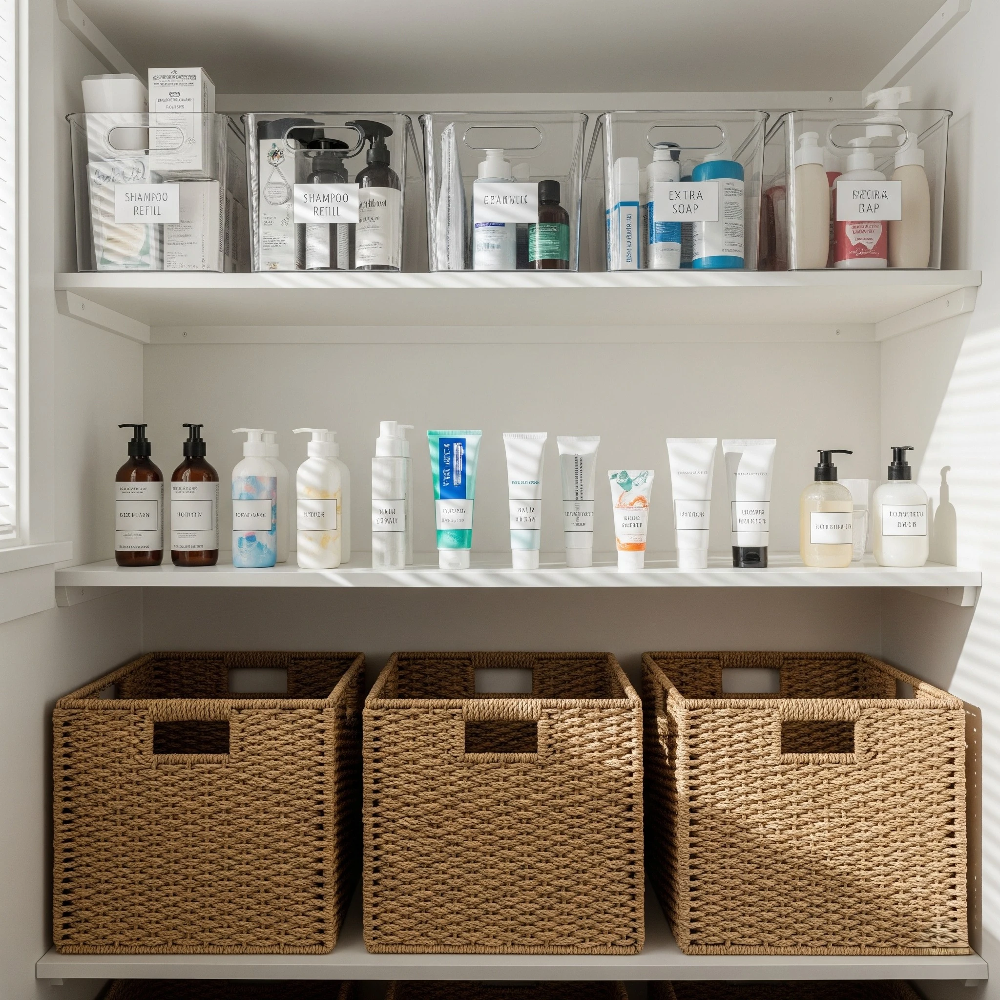 innovative-bathroom-closet-shelving-ideas-clear-bins-labels