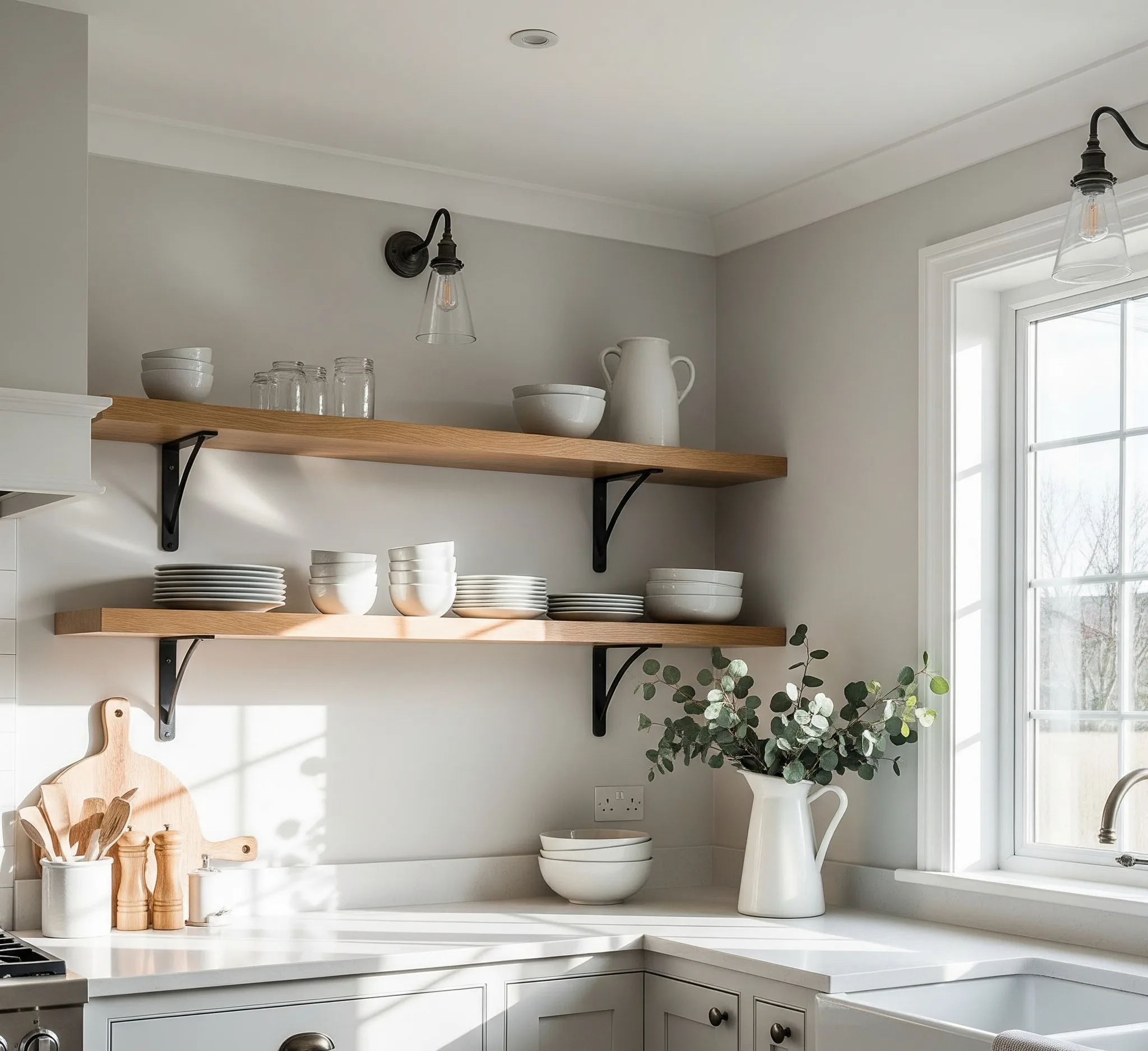 modern-farmhouse-decor-kitchen-open-shelves-wood-black-hardware