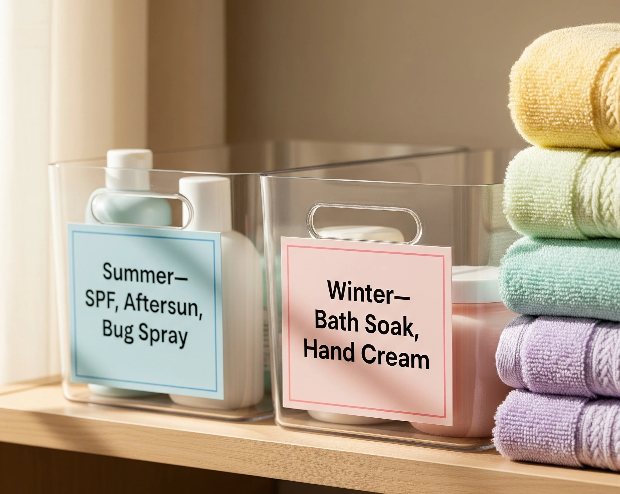 seasonal-bathroom-closet-organization-rotate-bins-summer-winter