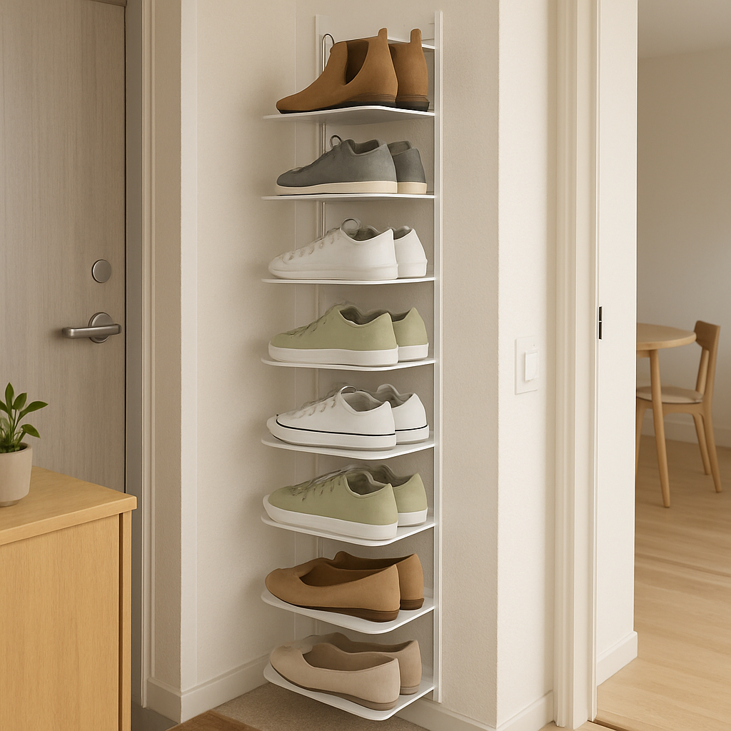 Apartment with vertical shoe rack efficiently using limited space