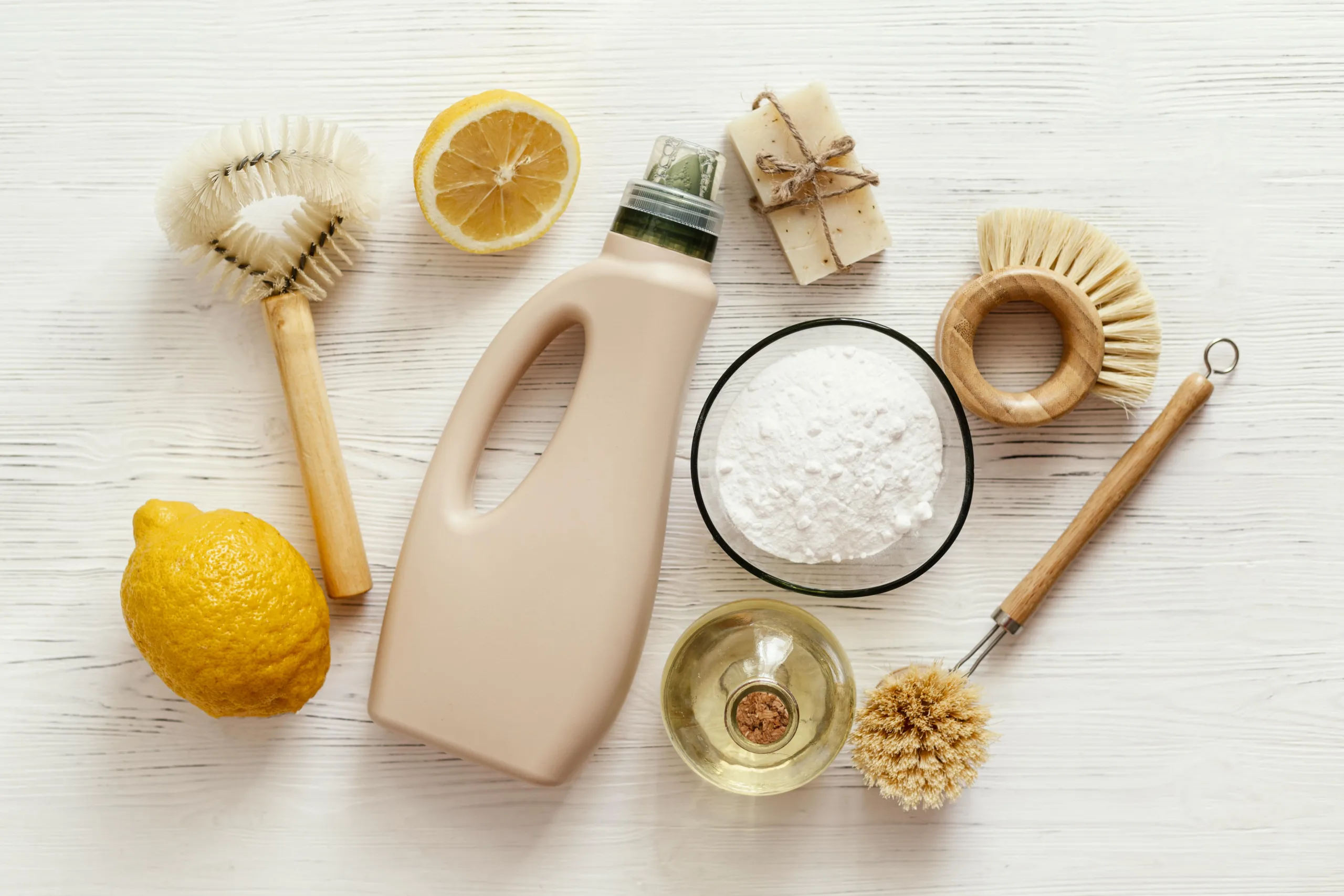 Gather your ingredients for homemade oven cleaner with baking soda, vinegar, lemon, and tools