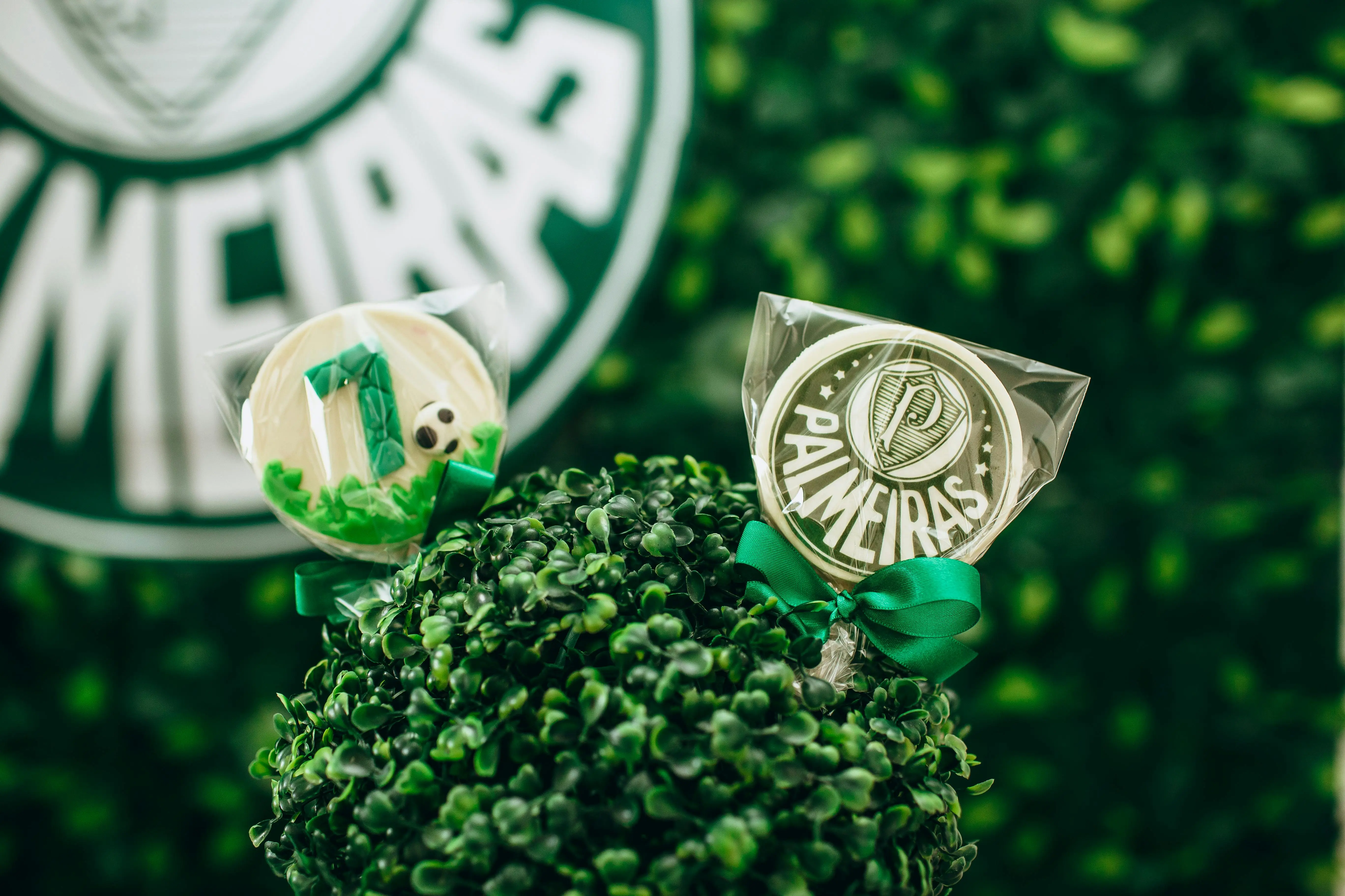inexpensive team gifts Decorative cookies featuring the Palmeiras logo and soccer theme on a green leafy background.