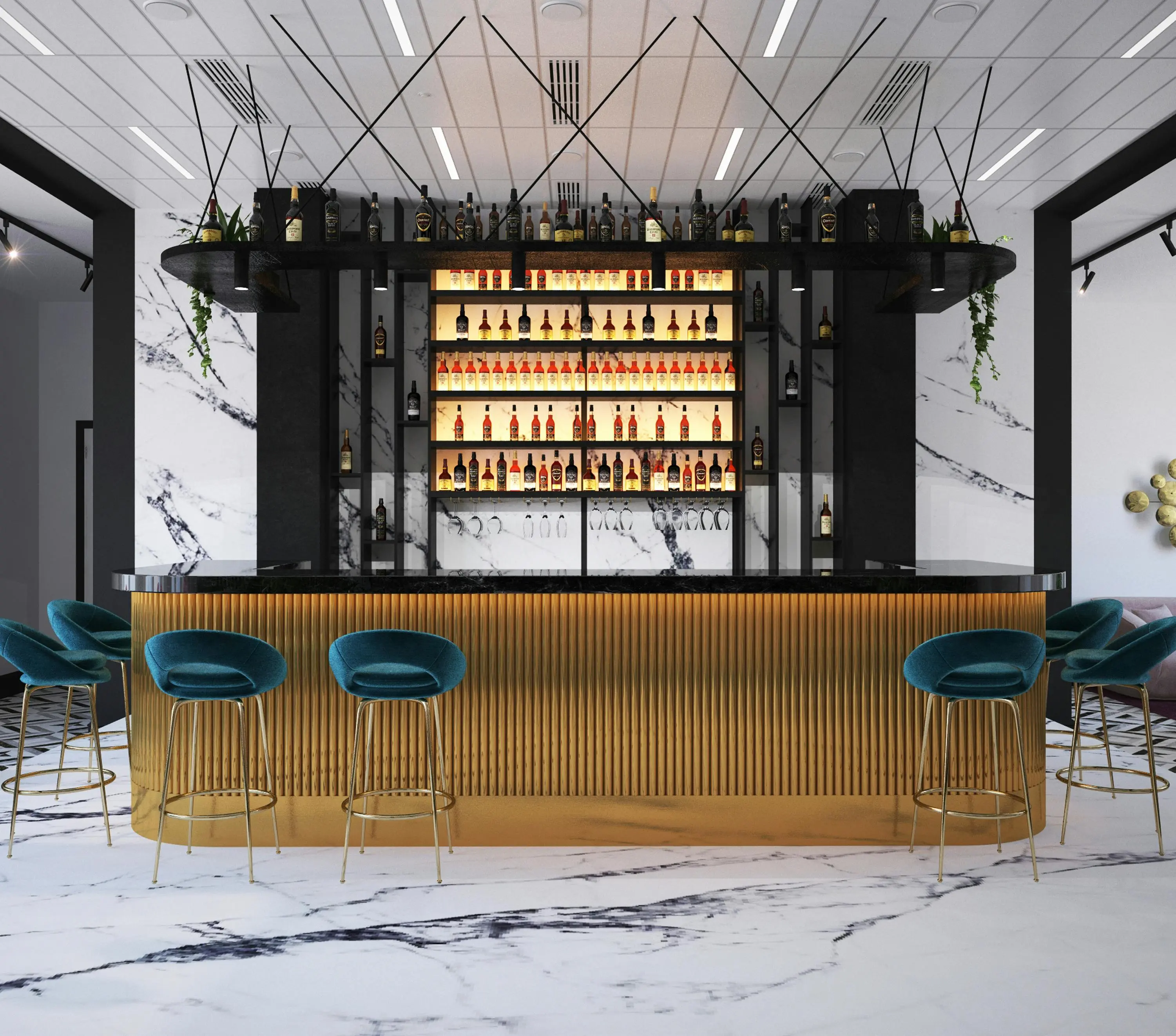 calacatta gold quartz Elegant marble bar interior with illuminated shelves and plush teal seating, exuding luxury and style.