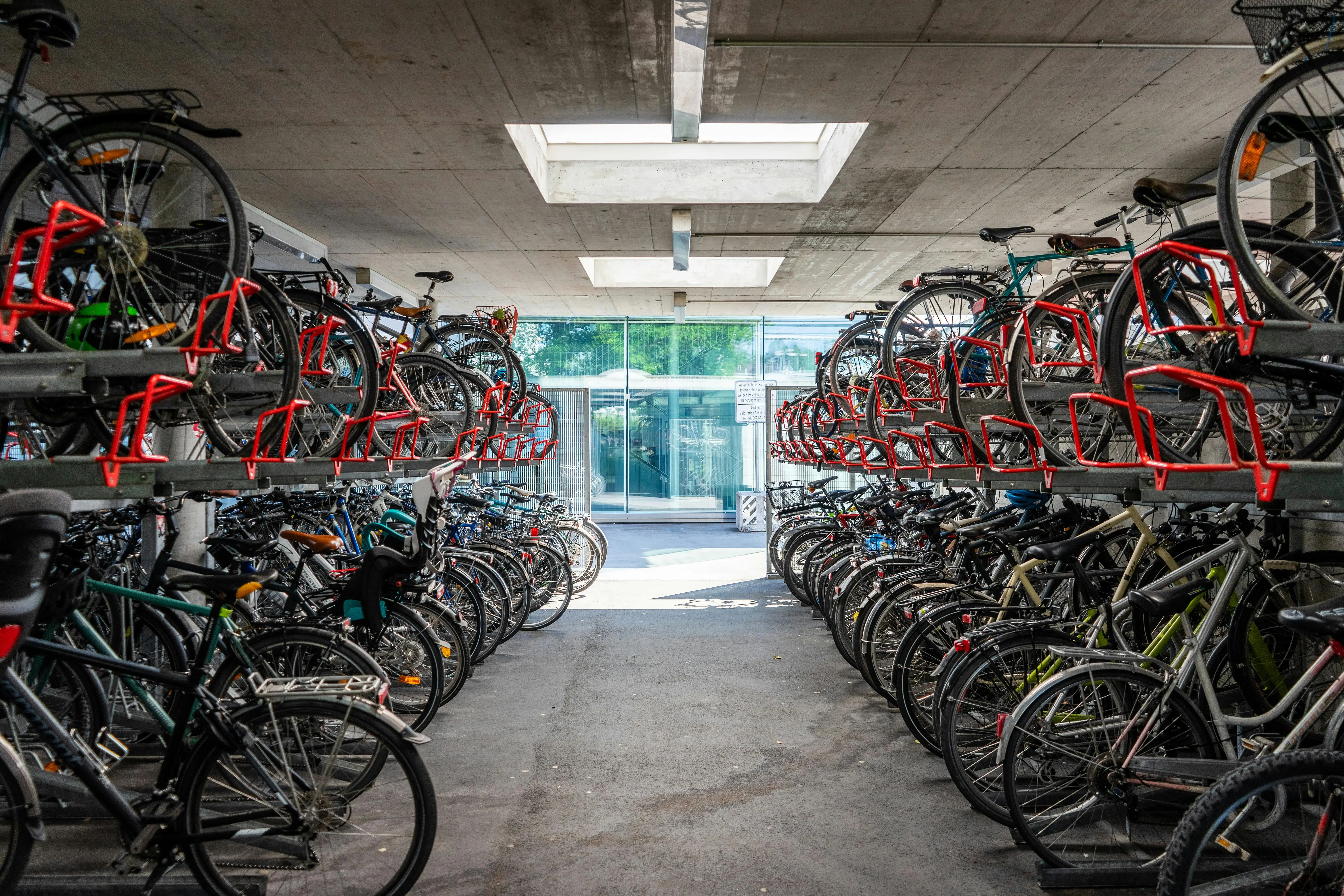 wire closet shelving A well-organized indoor bike storage facility in Aarau, Switzerland showcases neatly parked bicycles.