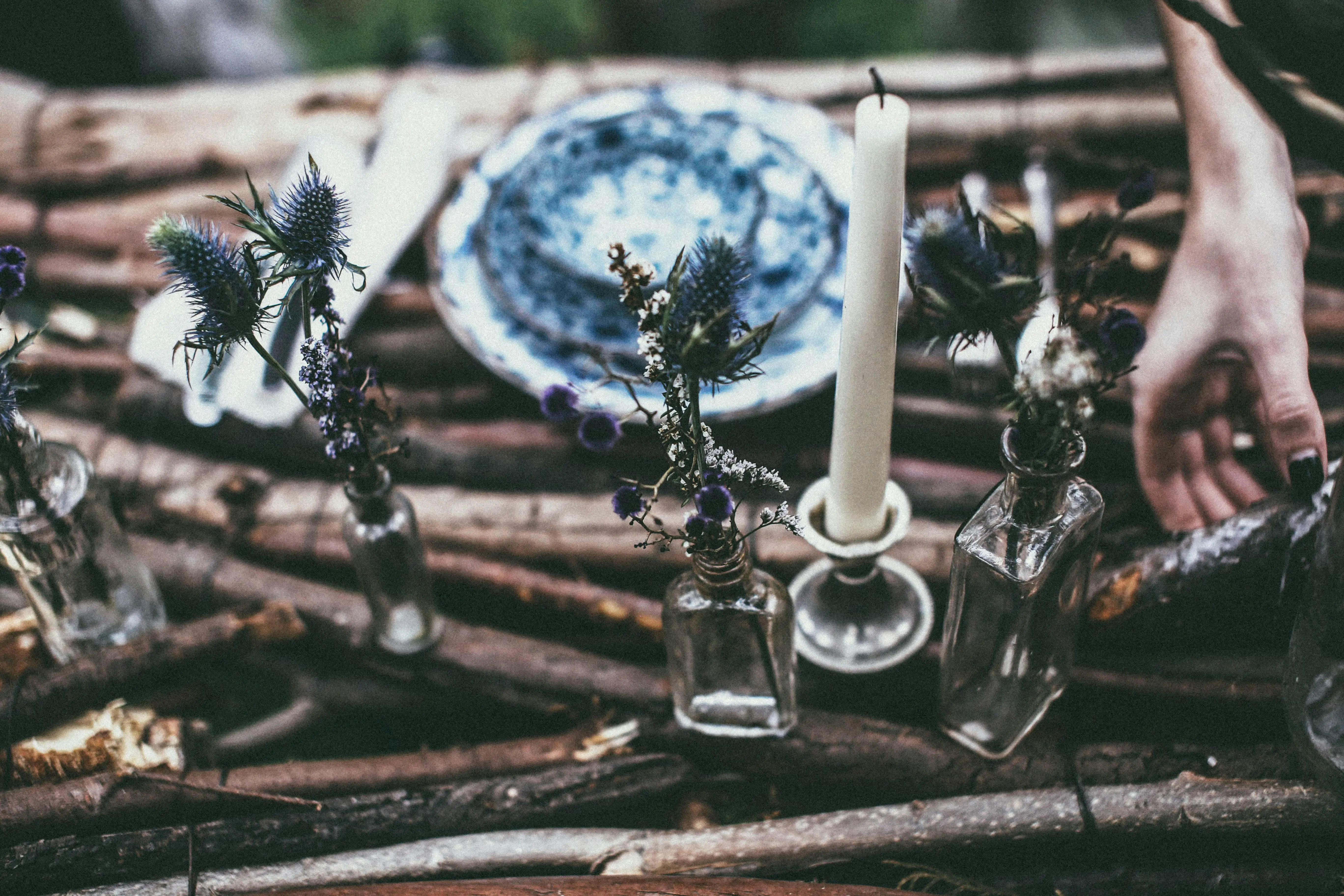 taper candle holders From above of unrecognizable female serving wooden table with plate and plants in small glass bottles near candle on blurred background
