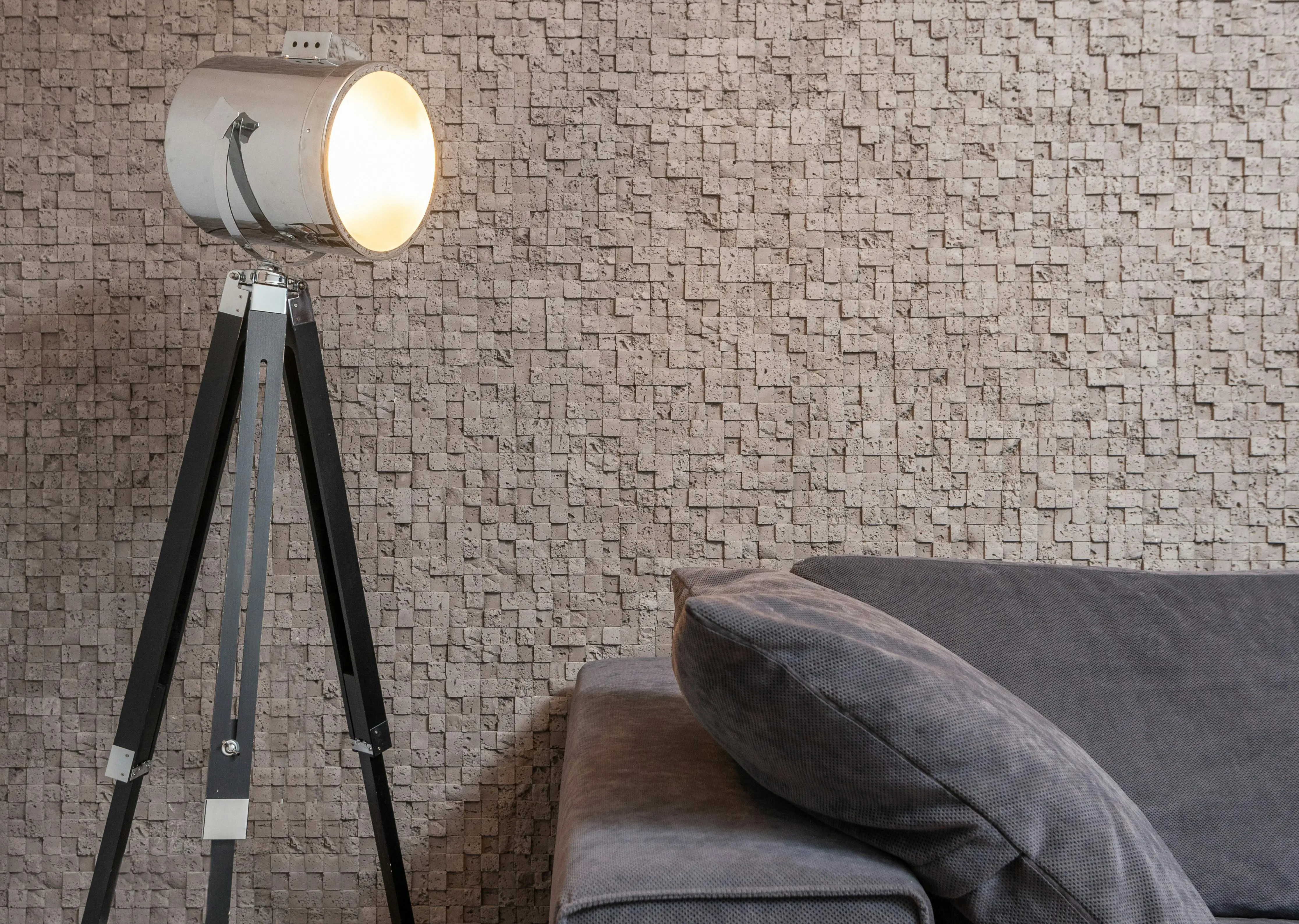 mini lamp Interior of contemporary apartment with bright illumination from projector lamp near soft couch