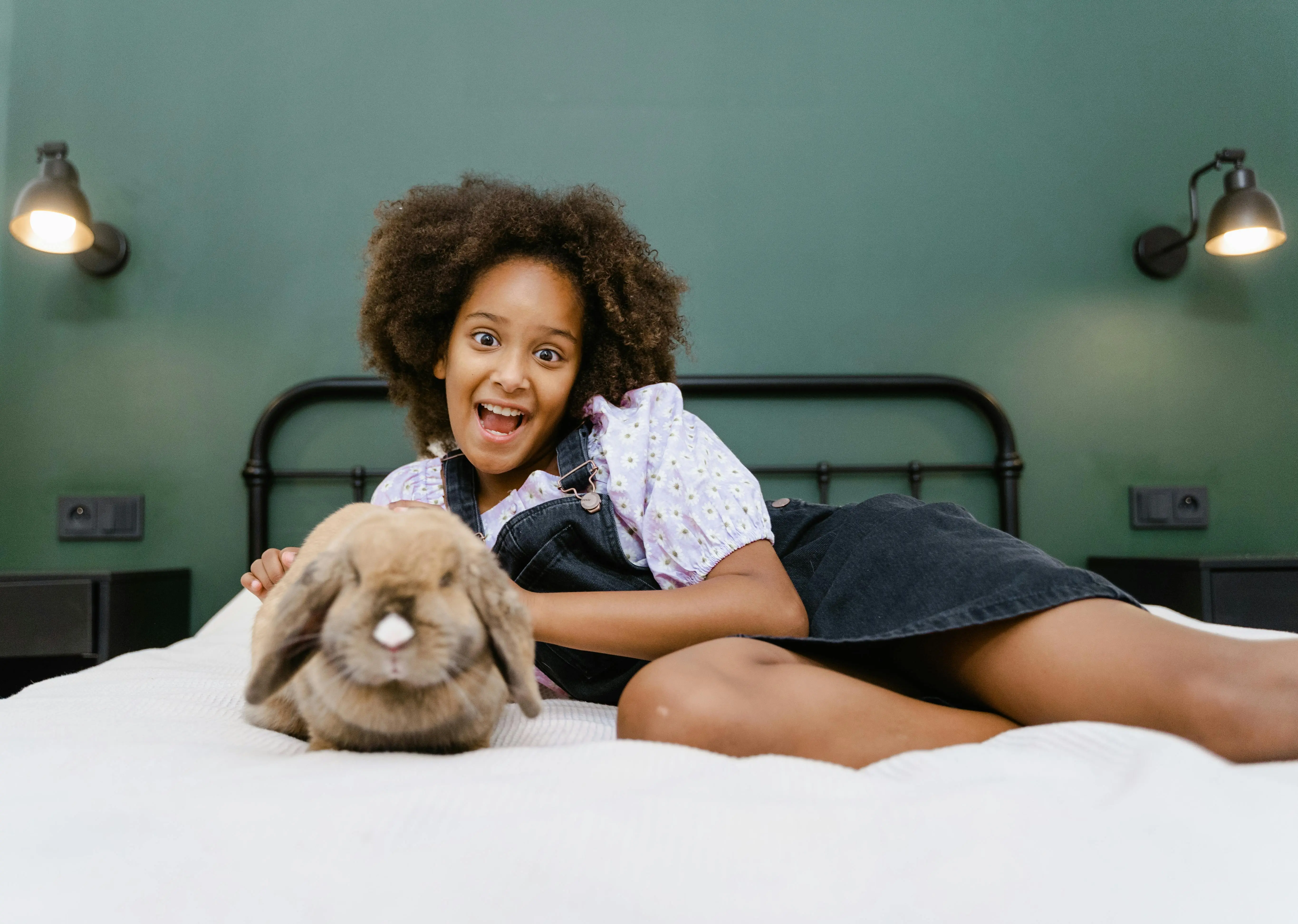 rat poop vs mouse poop Happy child with a fluffy rabbit on a bed in a cozy bedroom setting, exuding warmth and joy.
