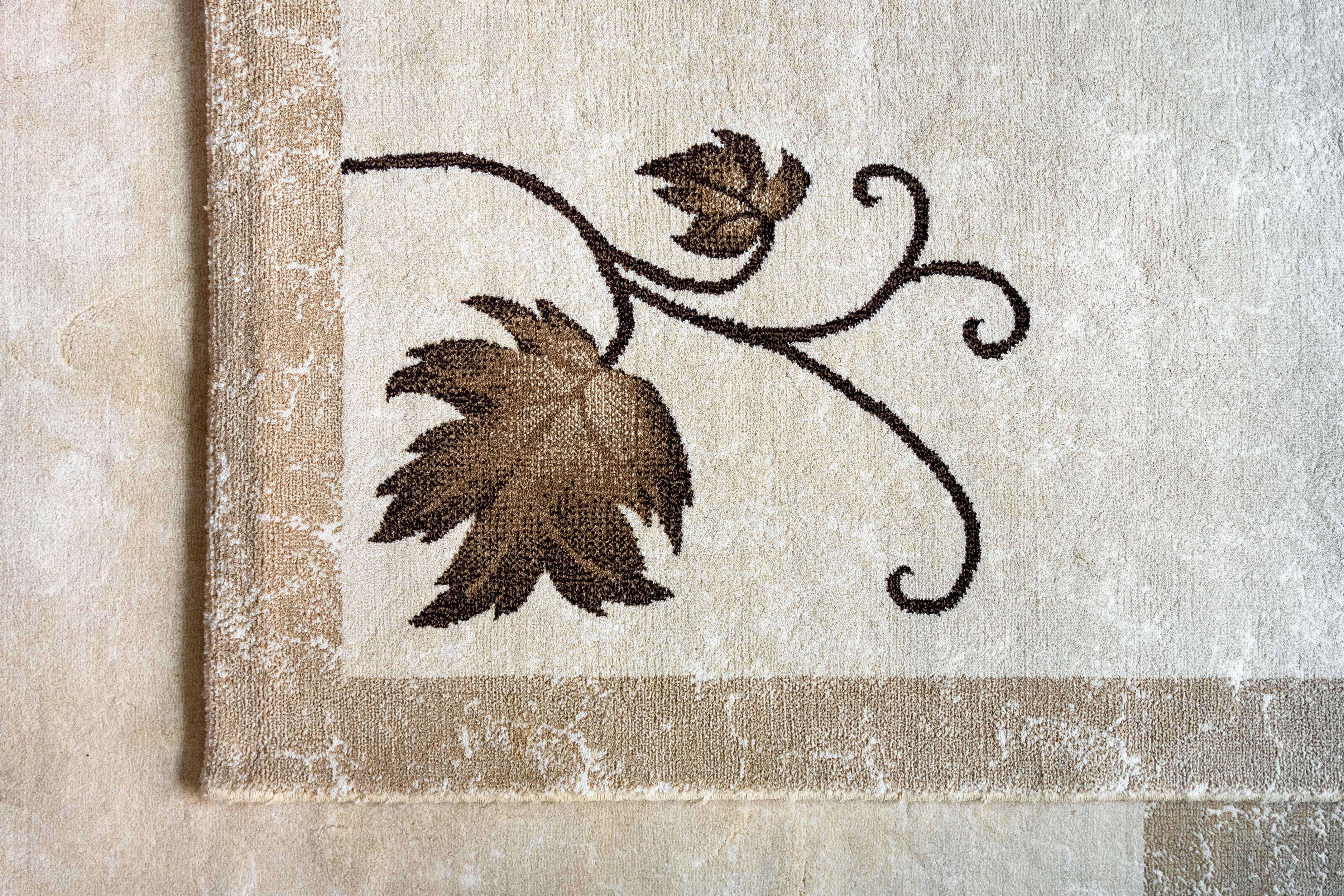how to remove bleach stains Close-up of an elegant floral pattern on a textured beige rug enhancing interior decor.