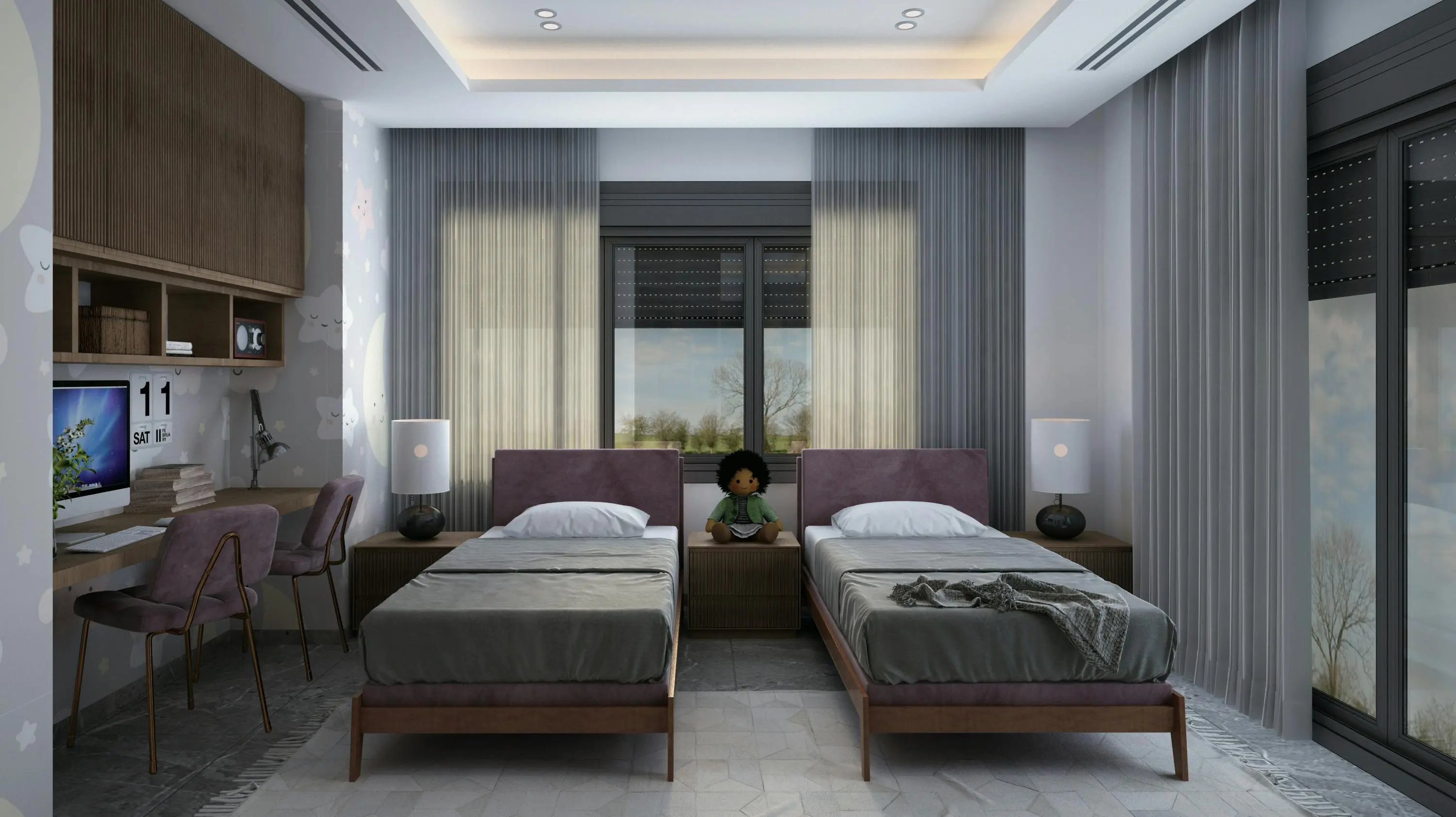 desk bed Stylish and contemporary bedroom featuring twin beds, desk, and natural light.