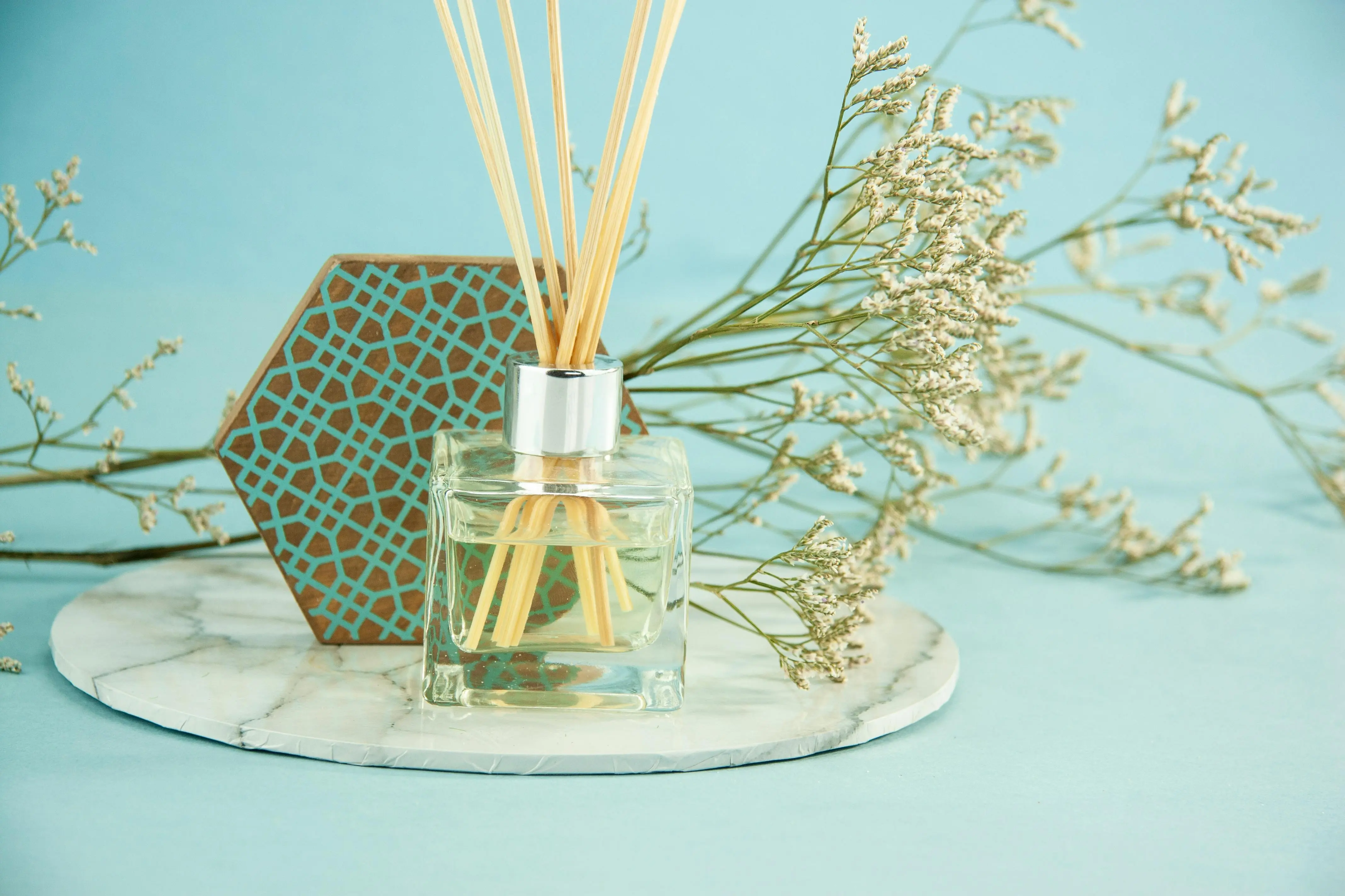 how to get rid of spiders in your house Composition of glass bottle with fluid aroma oil with reed sticks placed near Gypsophila branch and geometric decor on blue background