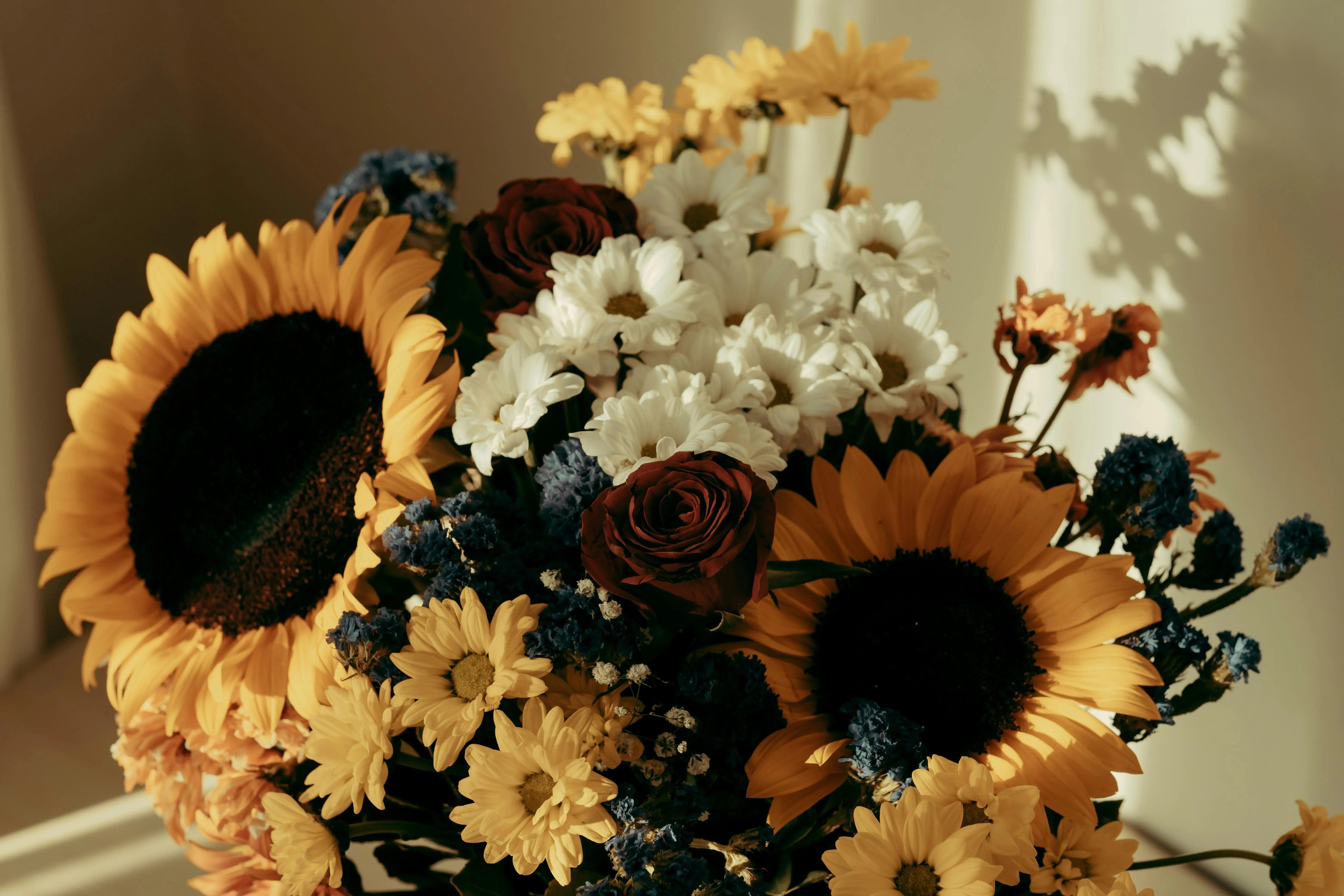 sunflower and rose bouquet A stunning arrangement of sunflowers, roses, and daisies beautifully lit by warm sunlight.