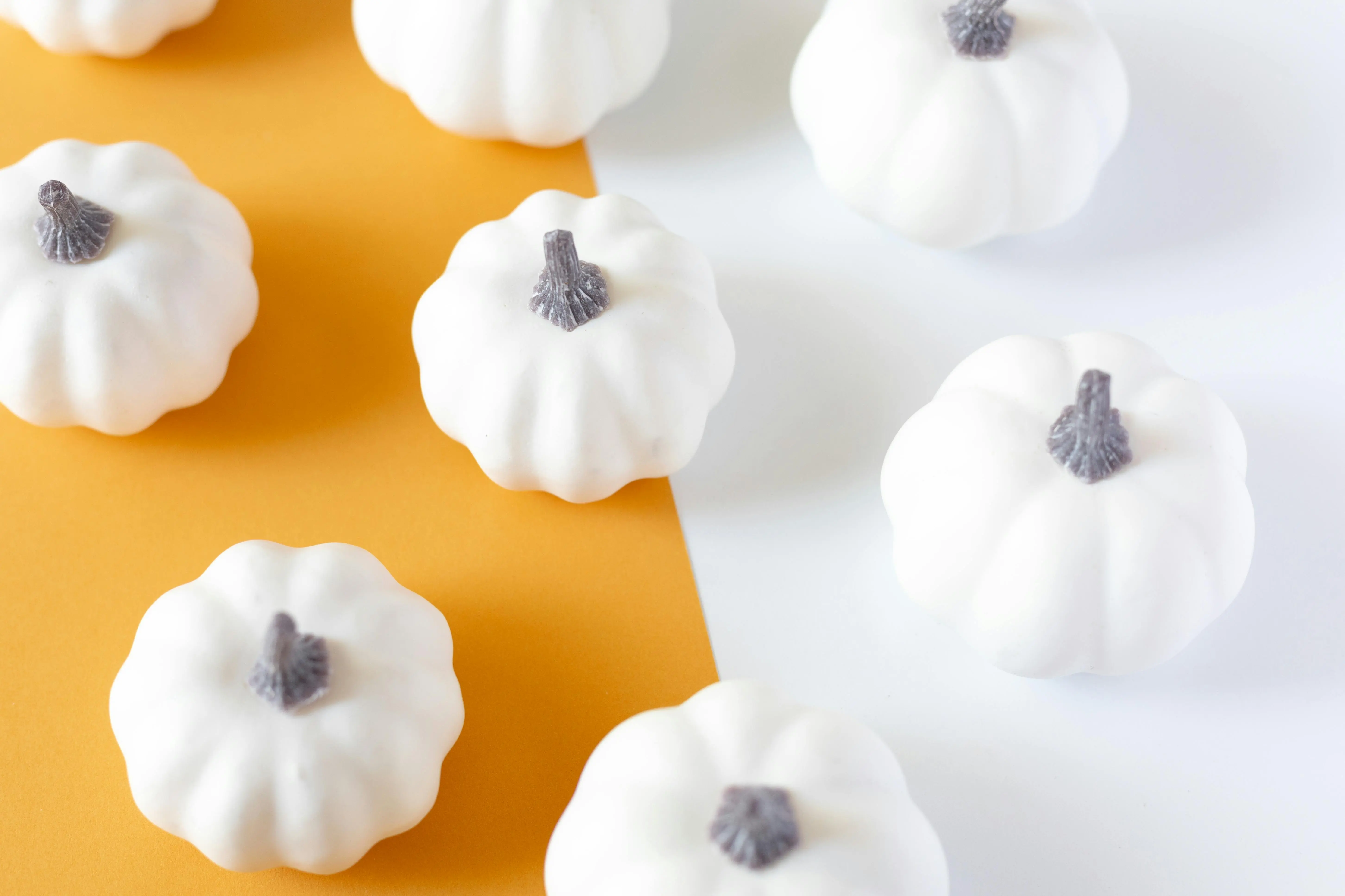 cute pumpkin painting ideas Close-up of white pumpkins on an orange and white background, perfect for fall themes.
