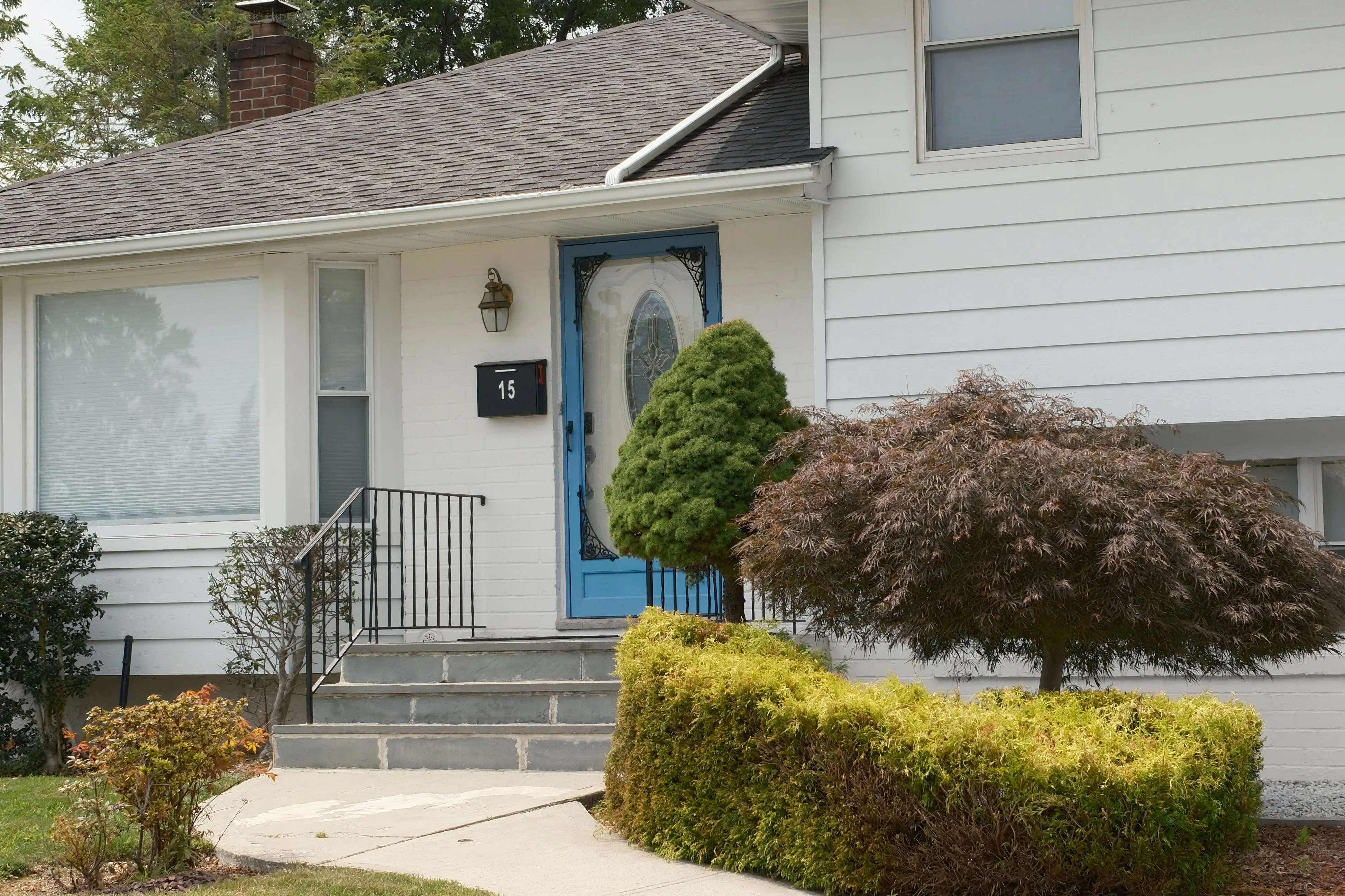 dark blue siding colors Inviting suburban home with a distinctive blue front door and well-kept shrubs.