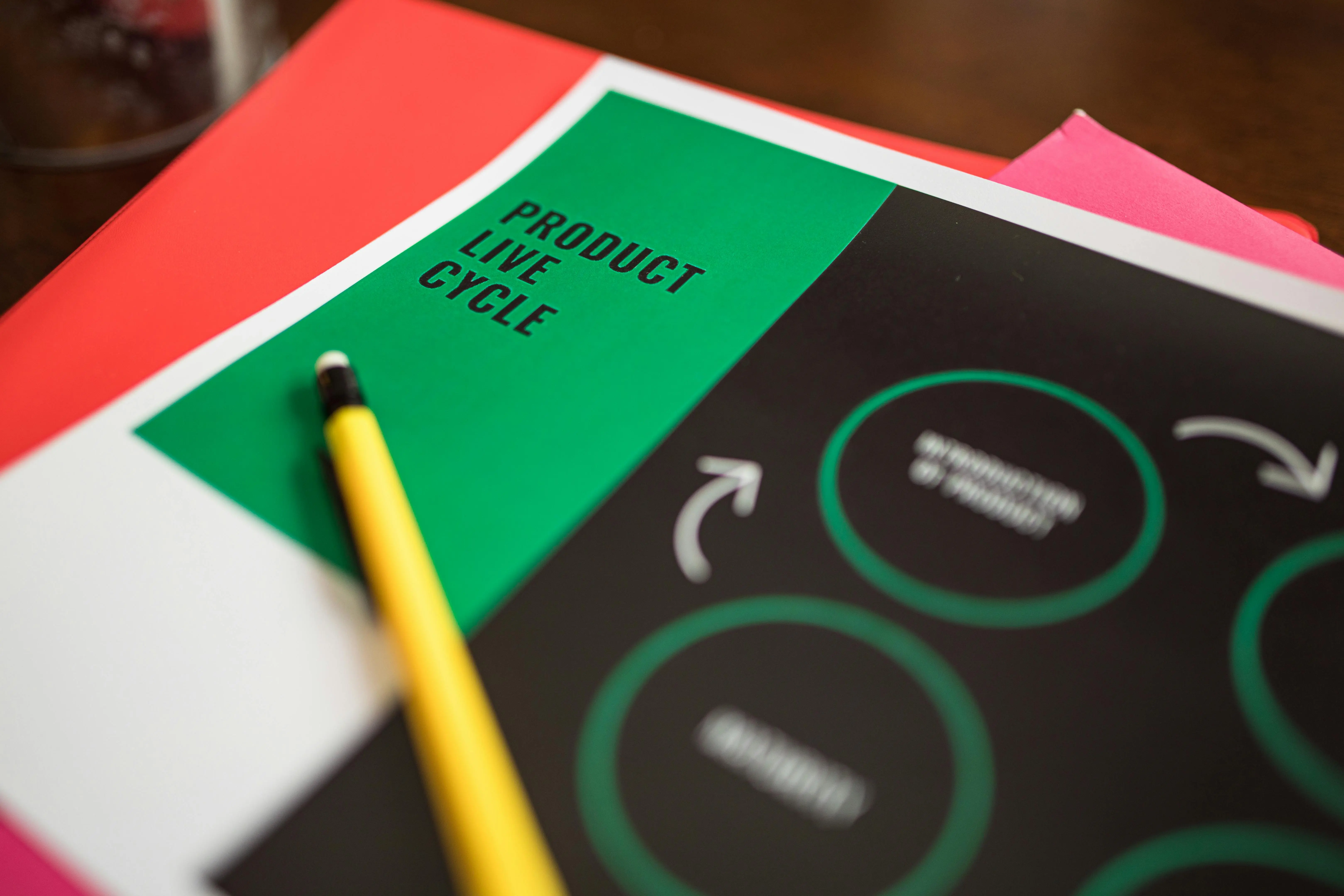 how much does a dryer weigh Close-up of a product life cycle diagram with colorful papers and a pencil.