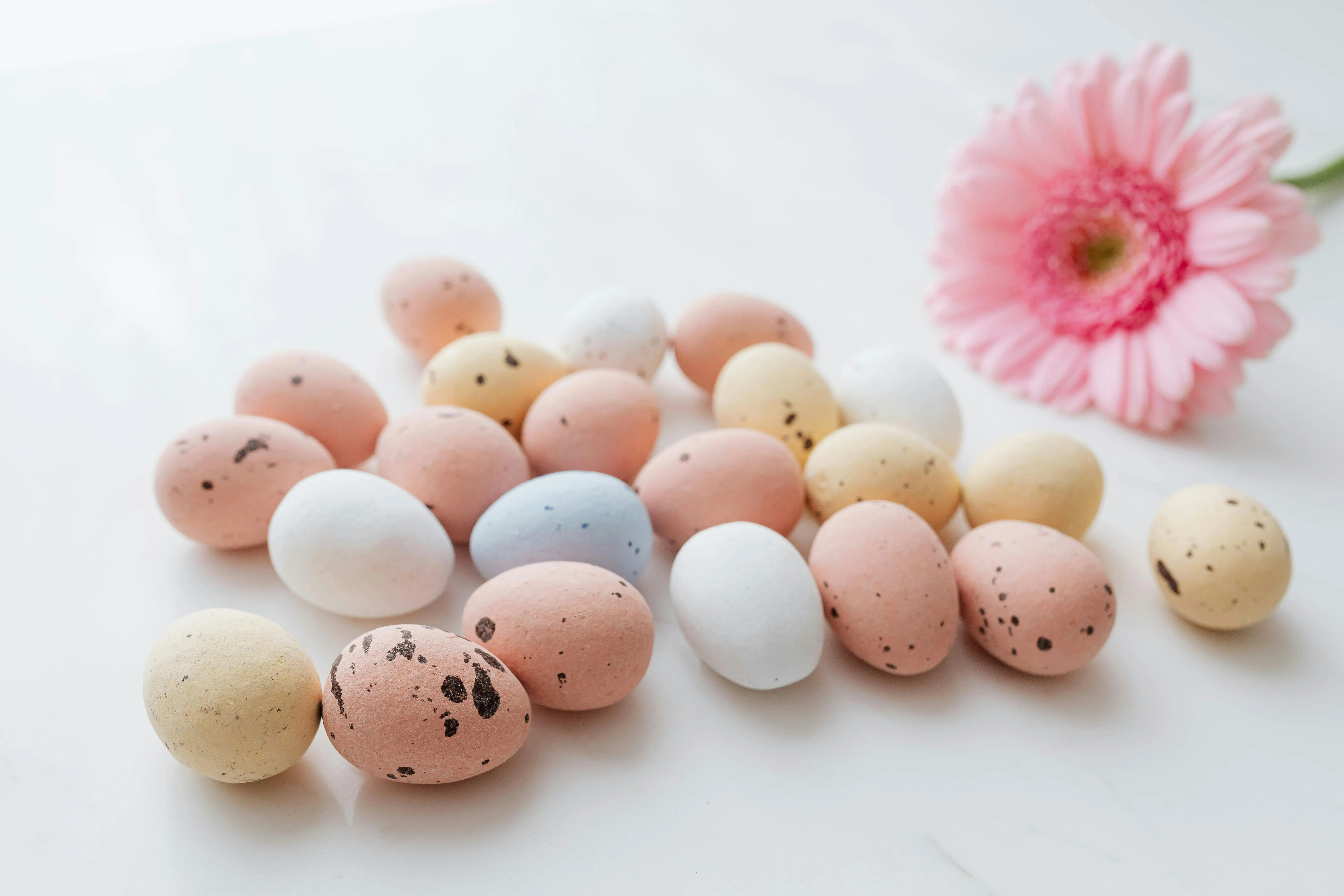 easter with flowers Festive assortment of pastel Easter eggs with a pink gerbera on a white background, perfect for Easter themes.