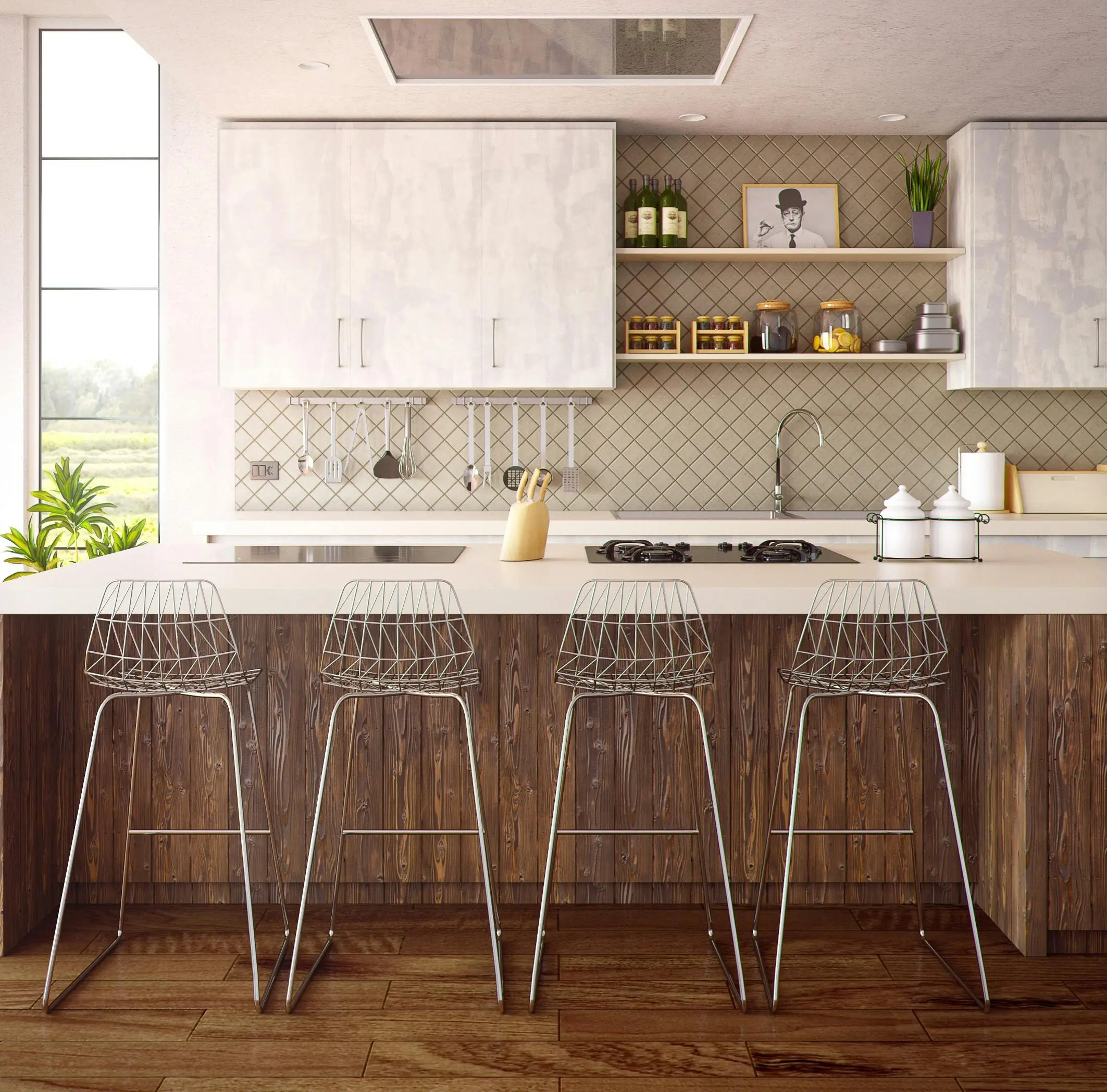 green quartz countertops Chic minimalist kitchen design featuring wooden accents and modern bar stools.