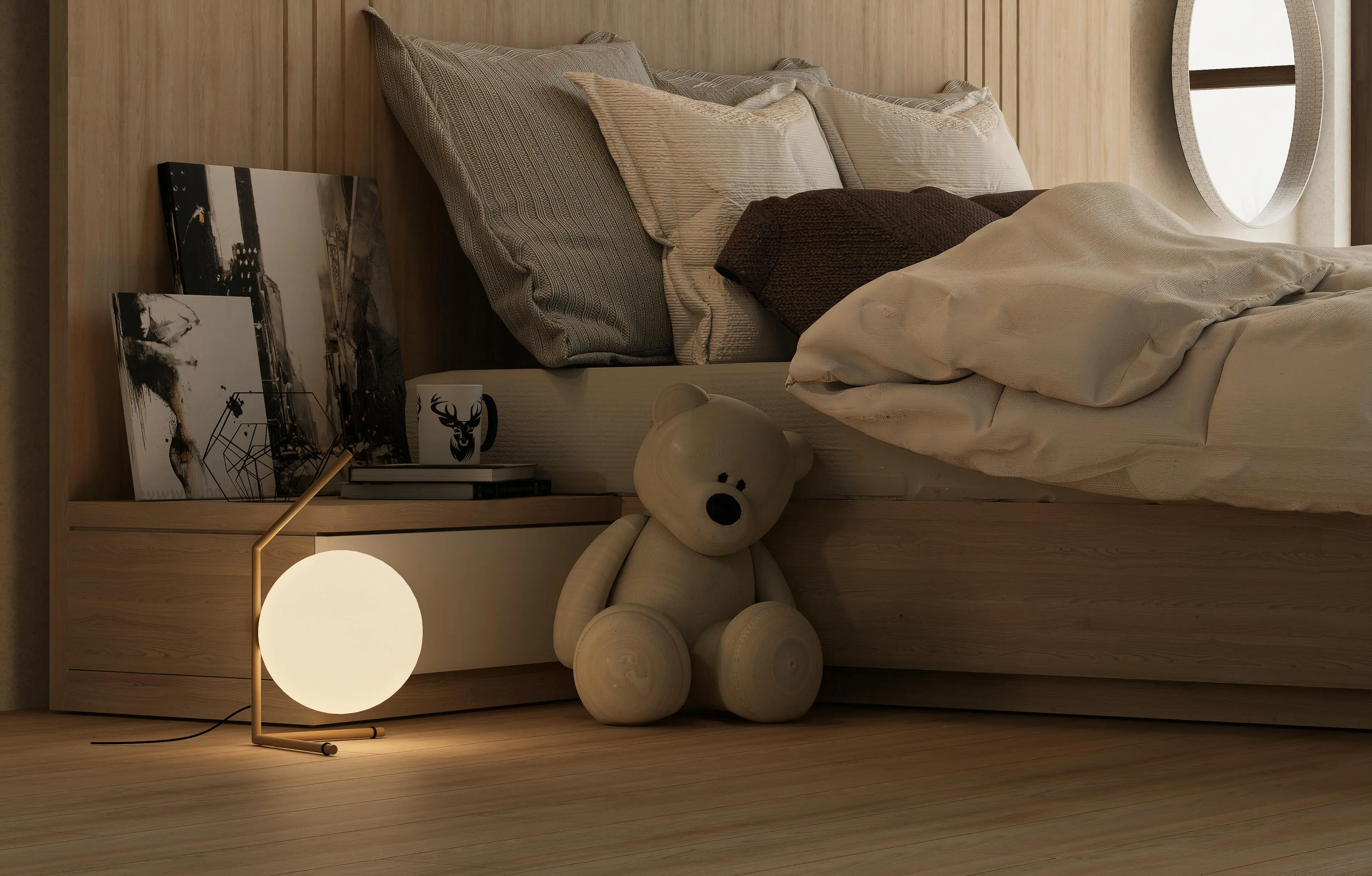 set of 3 nest of tables Warm and serene bedroom scene featuring a teddy bear, soft bed linens, and ambient lighting.