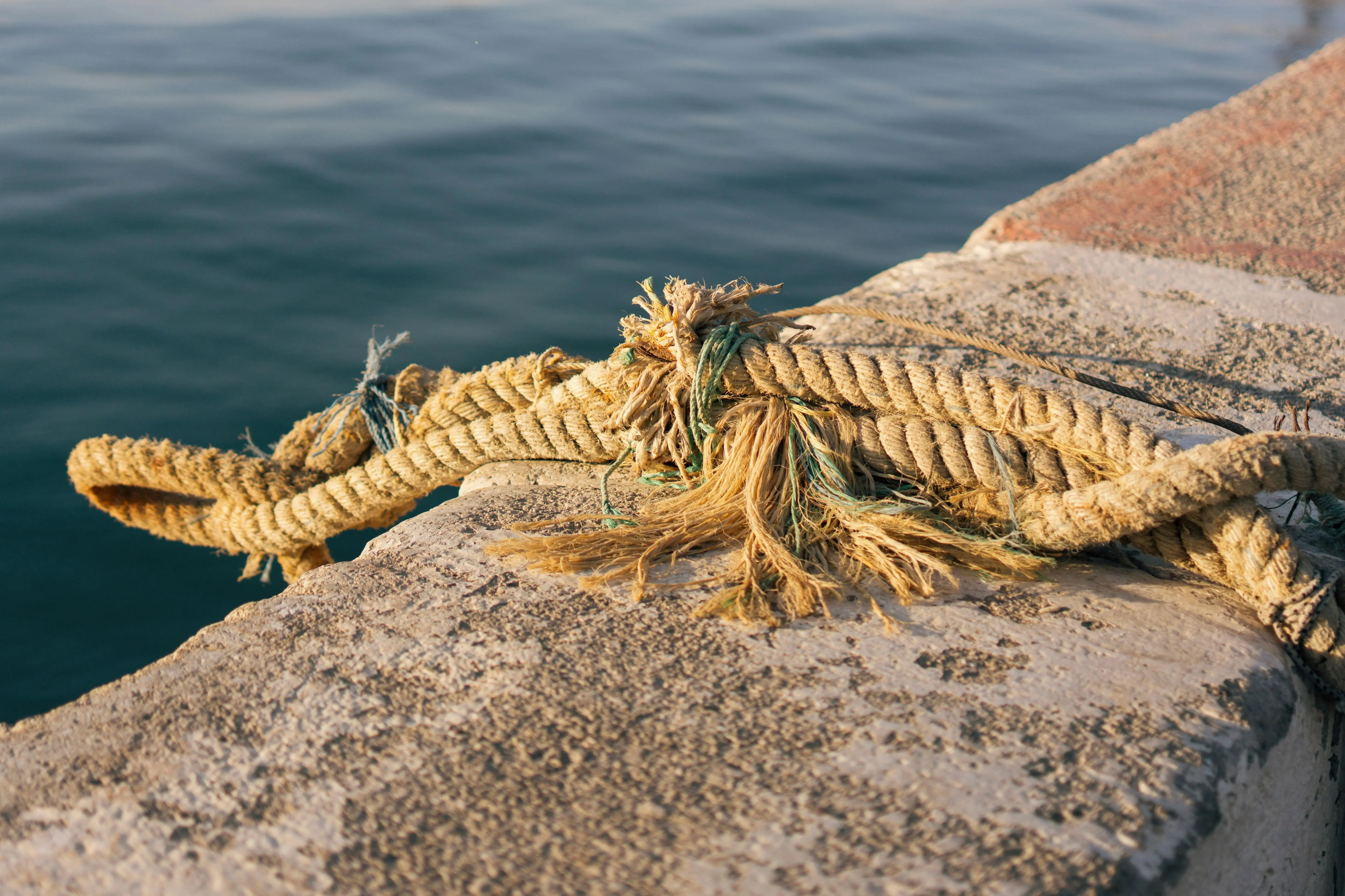 beach chandelier Close-up of a frayed rope on a waterfront in Mersin, Türkiye showcasing nautical wear.