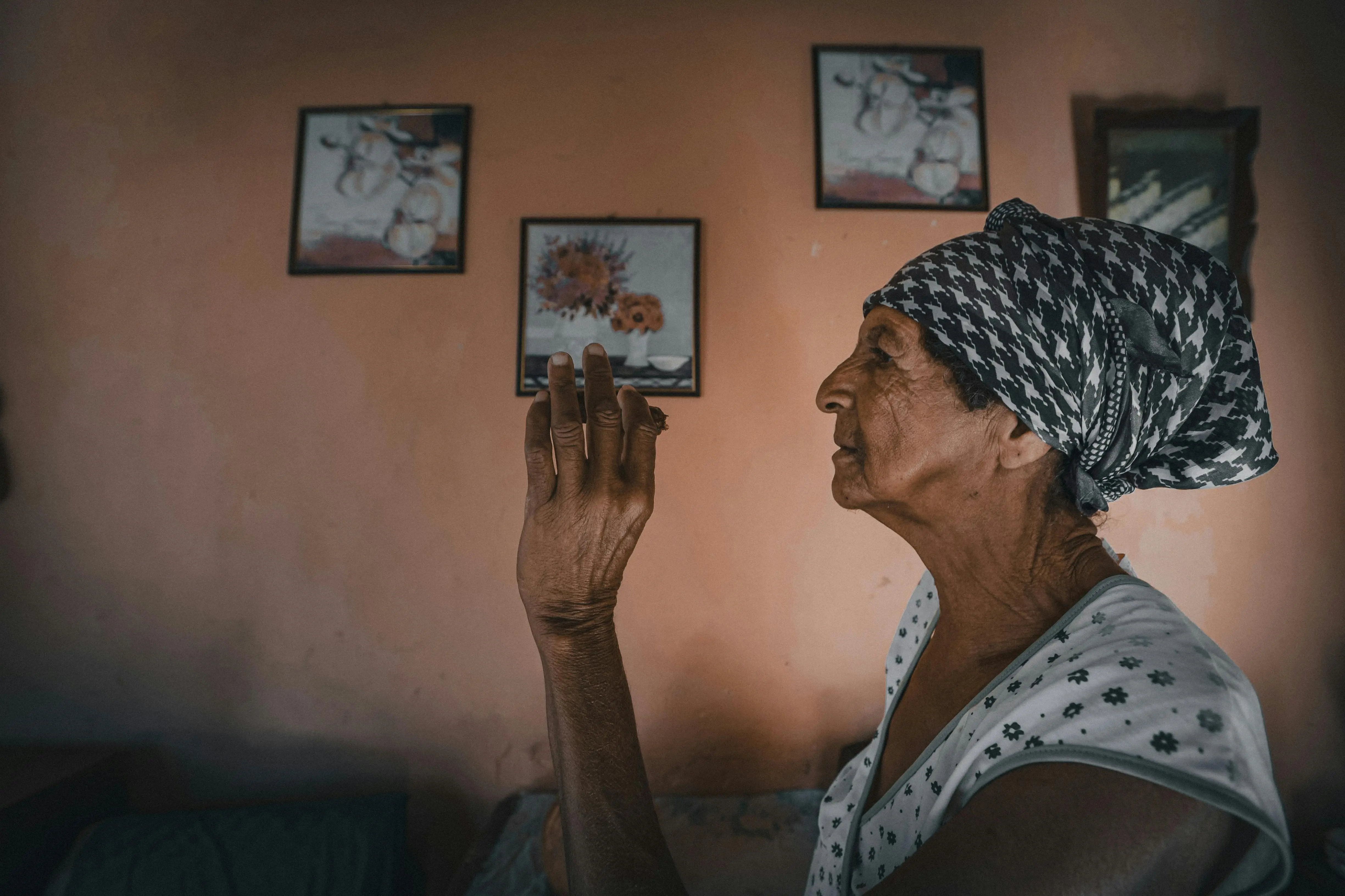 most expensive plant Side view of senior ethnic female in ornamental wear and headscarf looking forward against wall with pictures at home