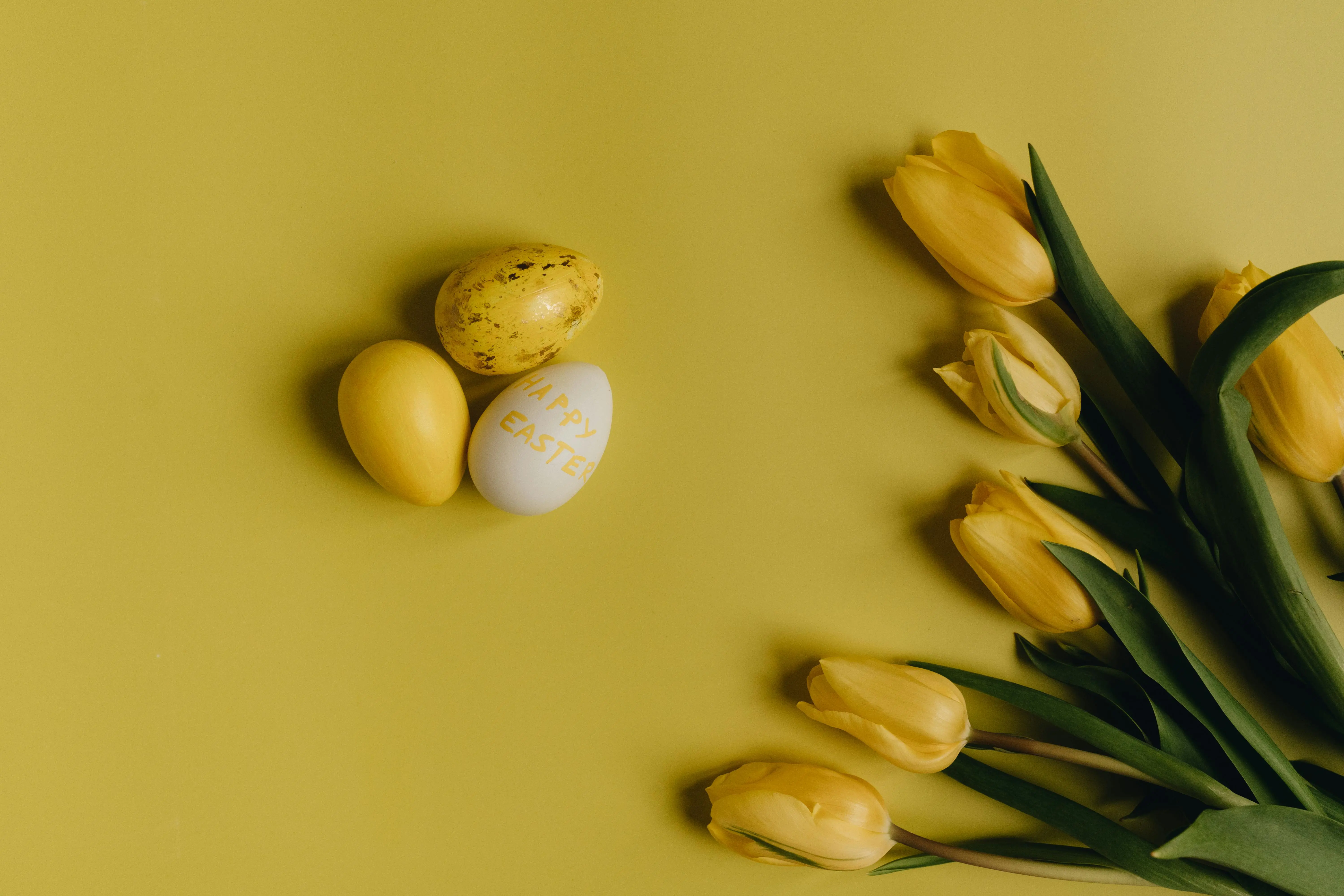 easter with flowers Flat lay of yellow tulips and Easter eggs on a yellow surface, perfect for spring and holiday decor concepts.