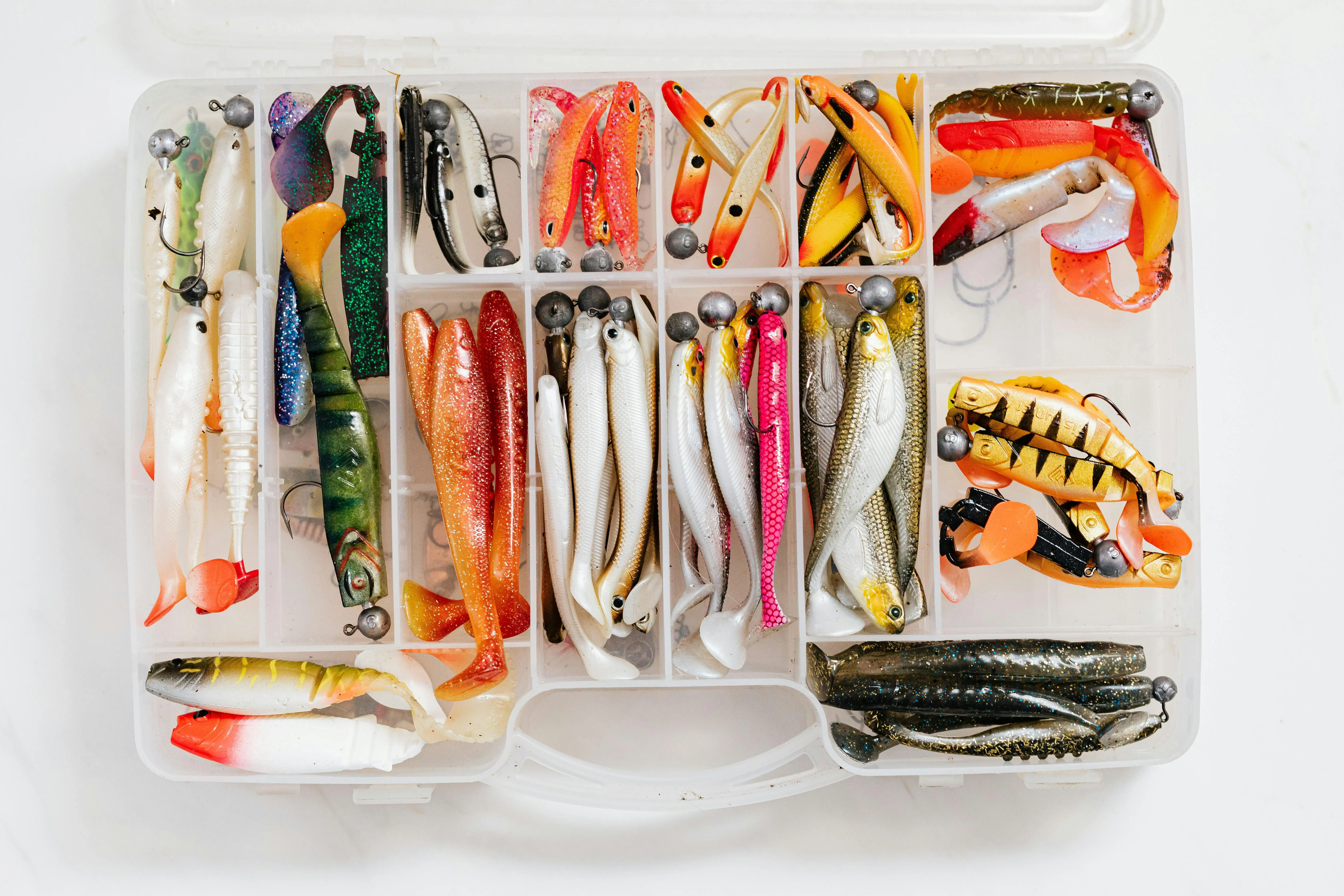 just one bite bar Vibrant fishing lures neatly organized in a tackle box, perfect for hobbyist anglers.