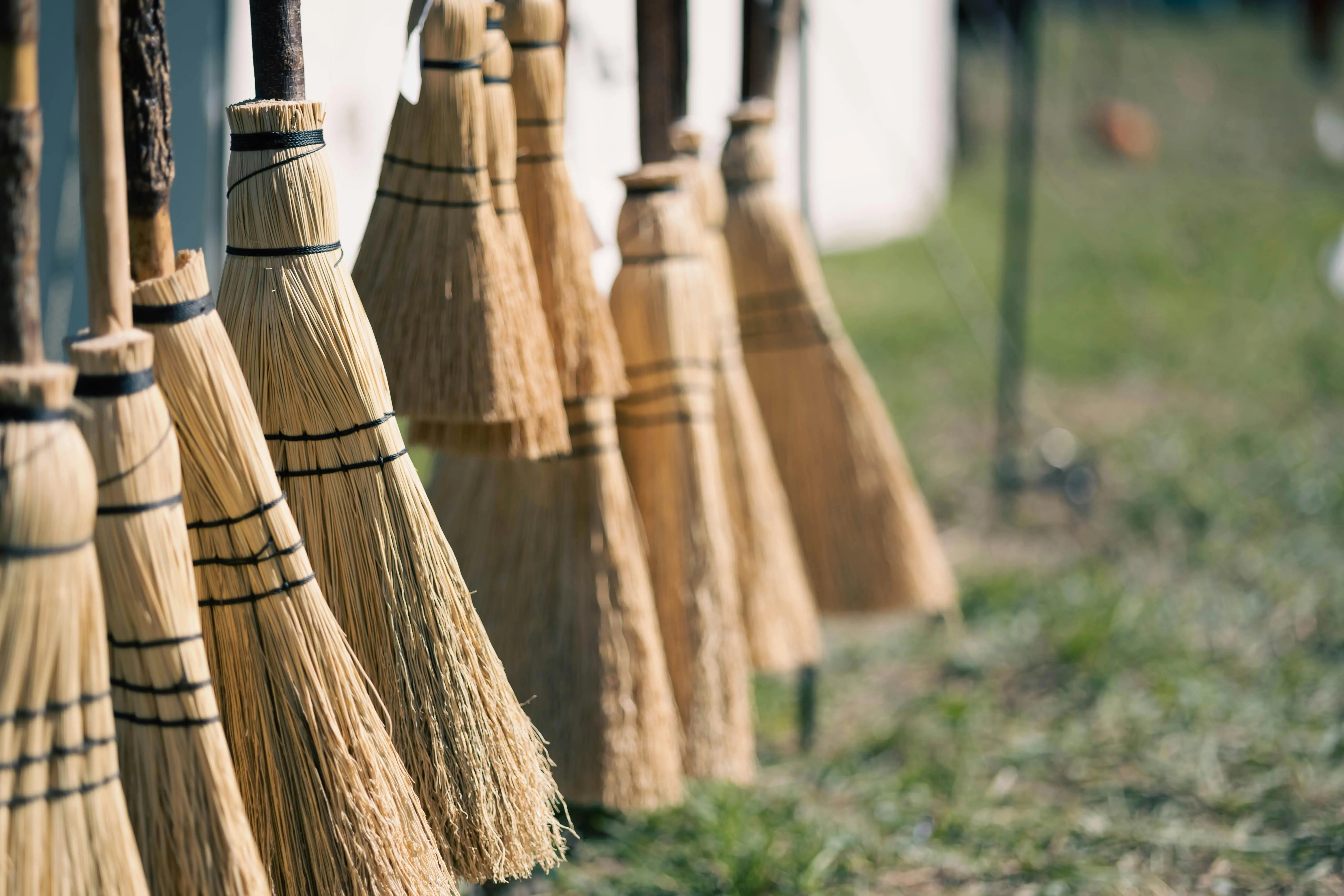 and paper towels A row of straw brooms with wooden handles hanging outdoors on a sunny day.