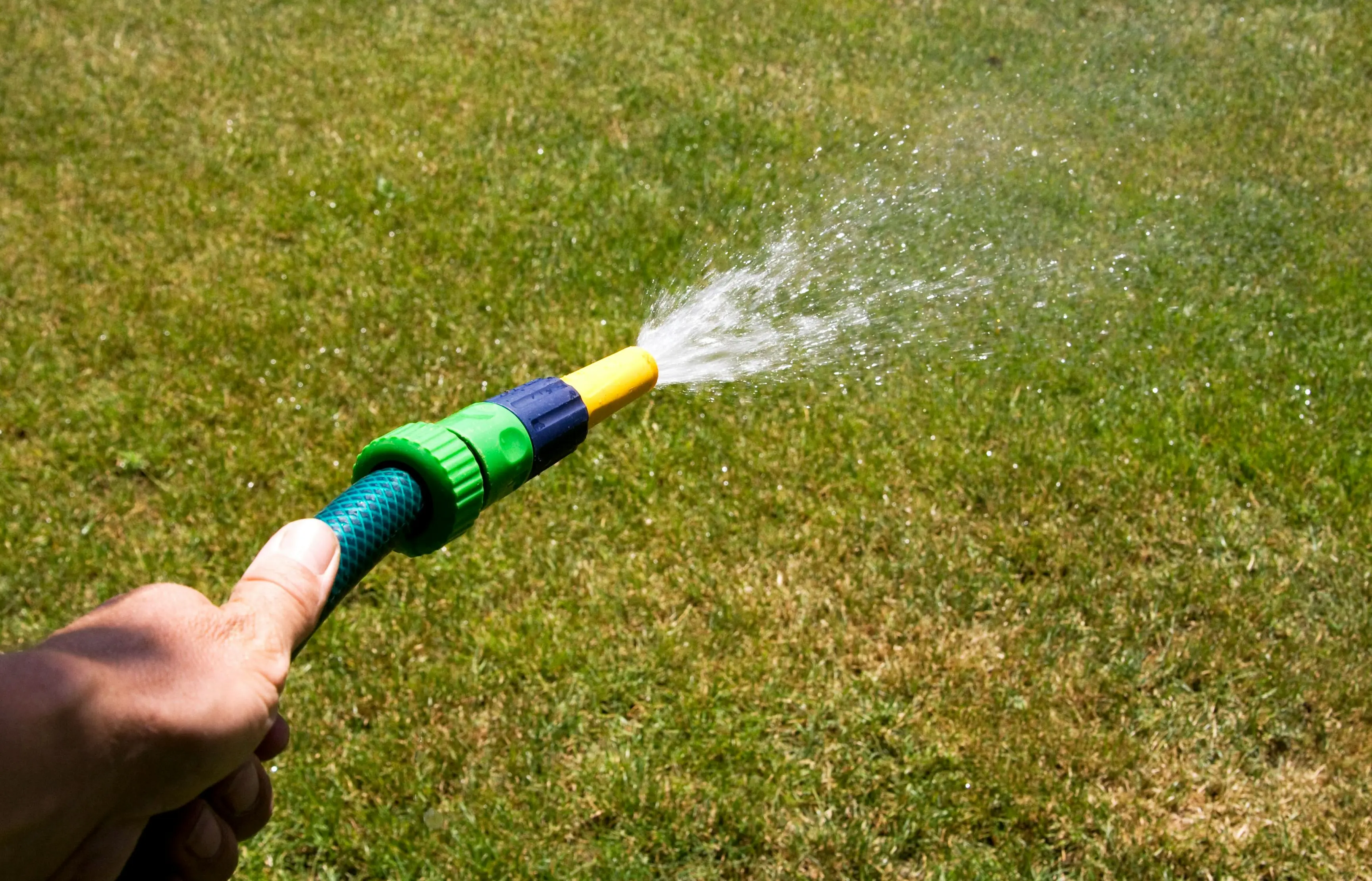 how to get grass stains out of jeans Close-up of a garden hose spraying water on grass, illustrating lawn care during a sunny day.