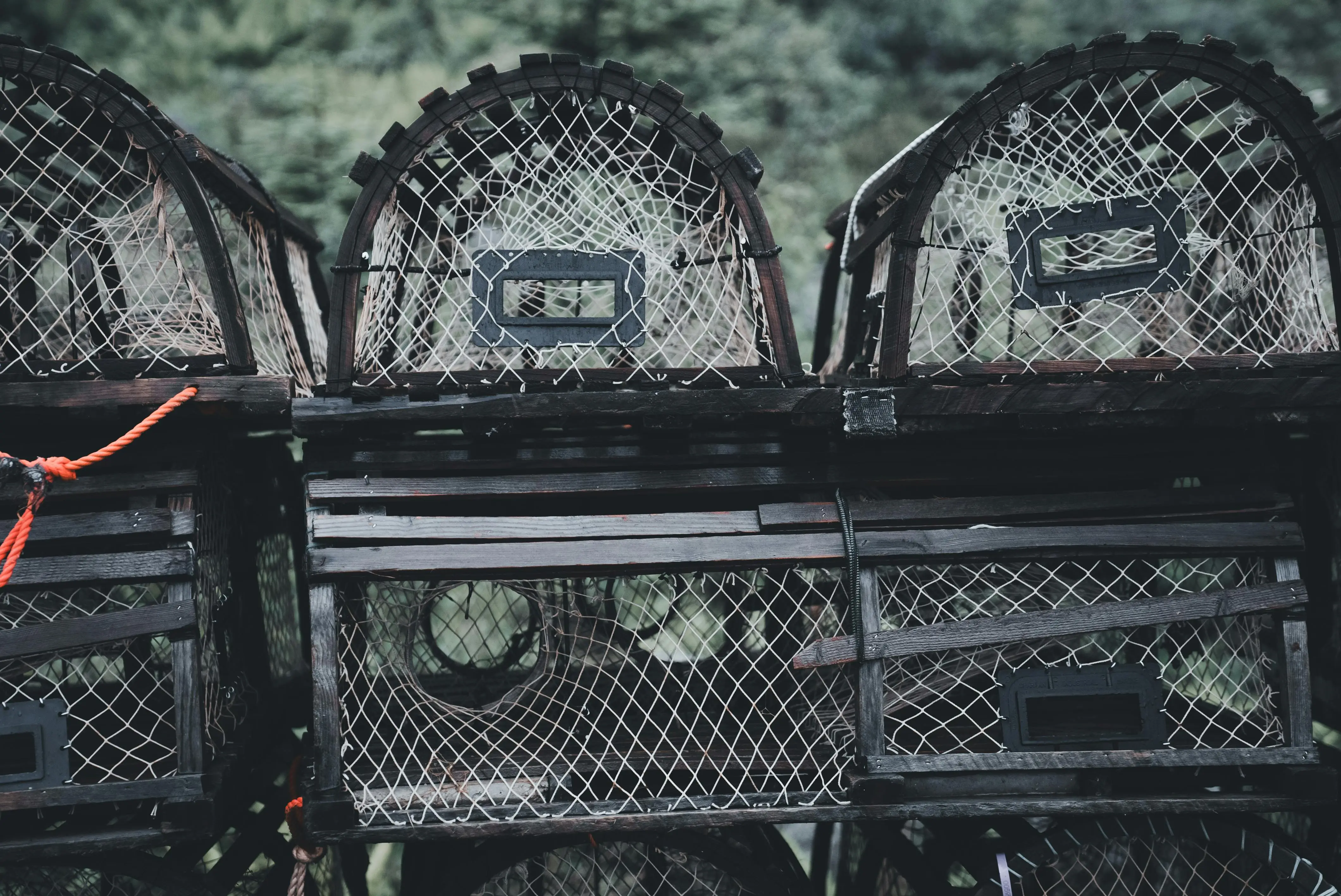 just one bite bar A moody scene of stacked lobster traps with netting, perfect for marine themes.