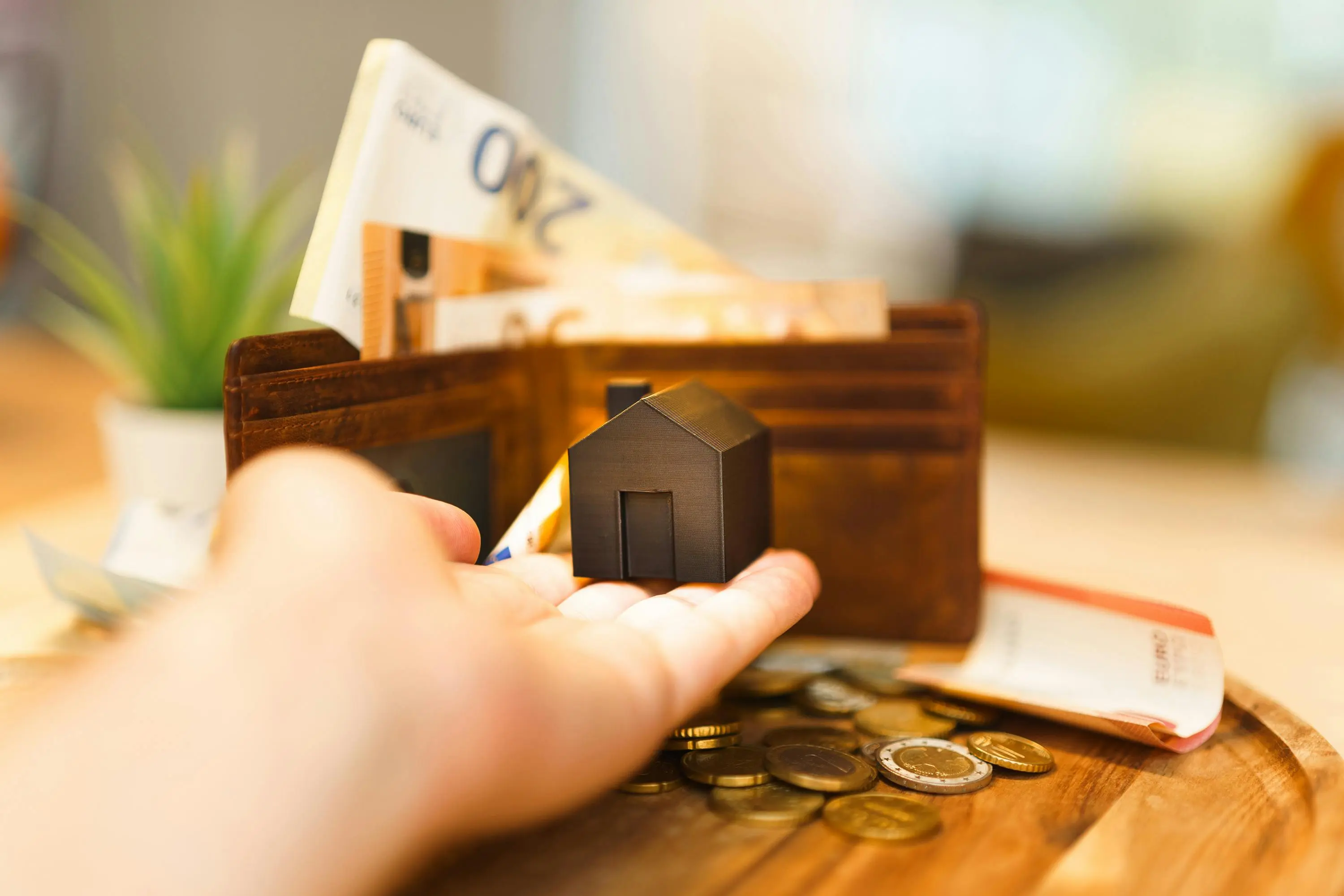 how much does it cost to side a house A hand holding a small house model with euro notes and coins nearby, illustrating real estate investment and finance.