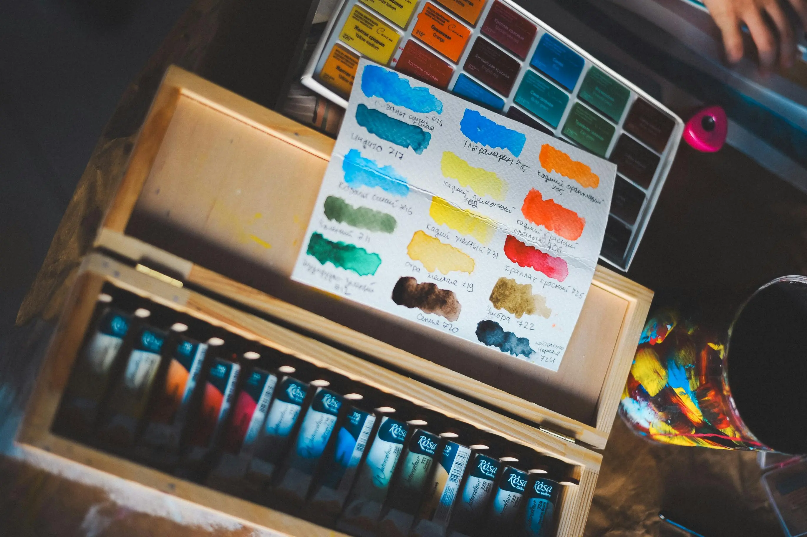 watercolor paint set A vibrant display of watercolor paints and swatches, perfect for creative projects.