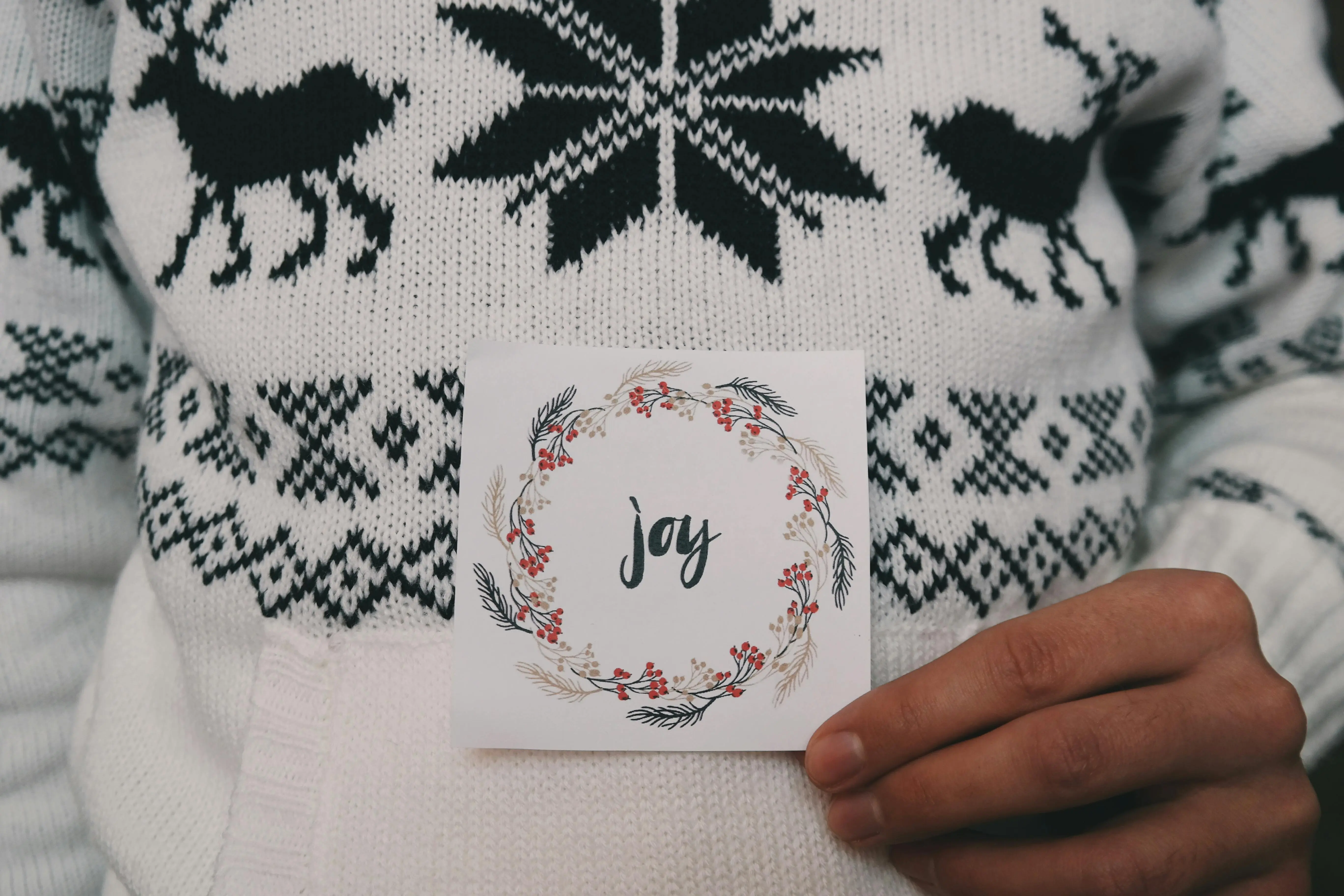 christmas holiday themes Close-up of a person holding a card with 'joy' in font, wearing a festive Christmas sweater.