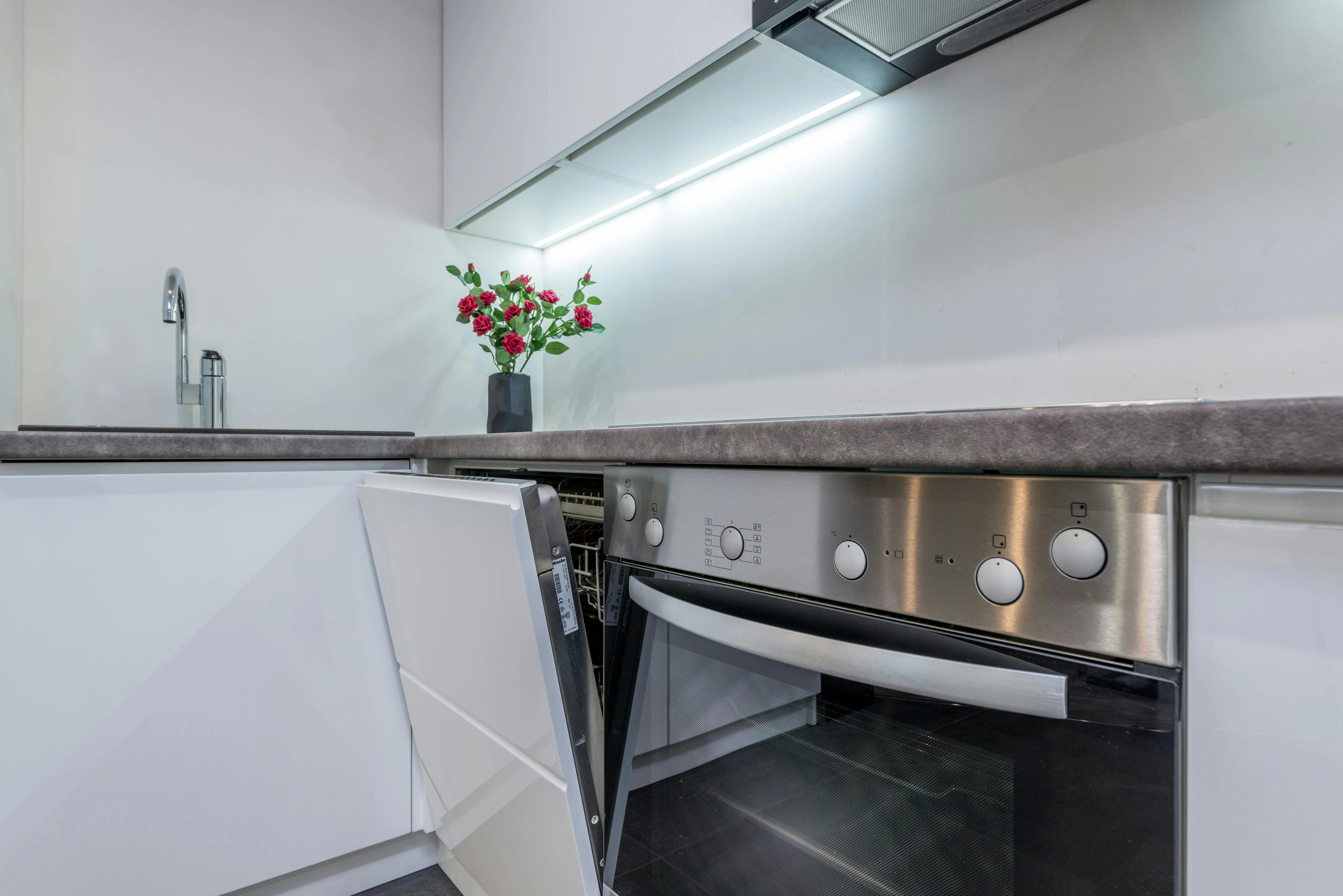 tiny home kitchen Sleek kitchen interior featuring an open dishwasher and vibrant flowers on the counter.