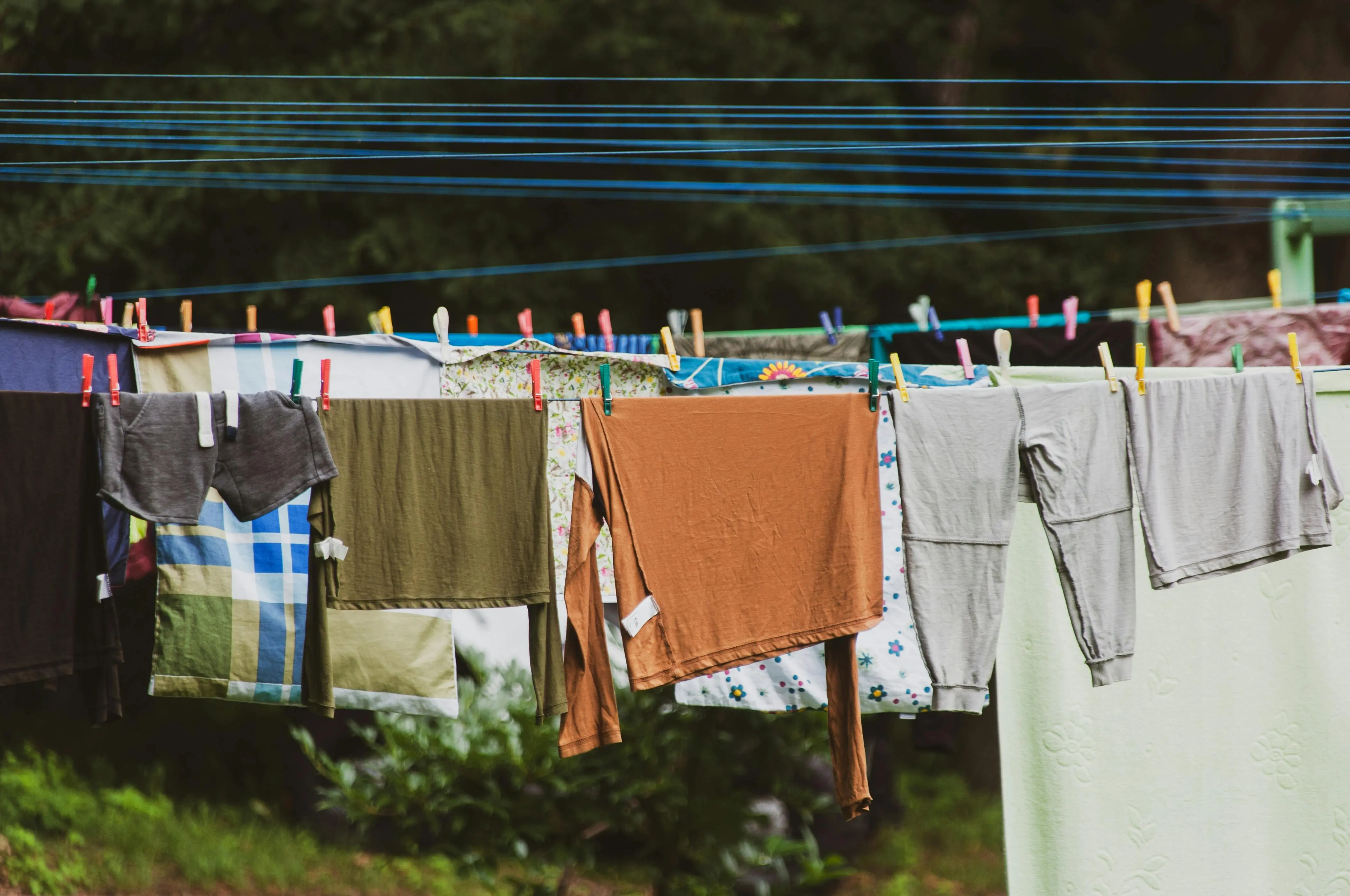 laundry signs Vibrant clothes hanging on a clothesline outdoors in a lush green setting, creating a rustic charm.
