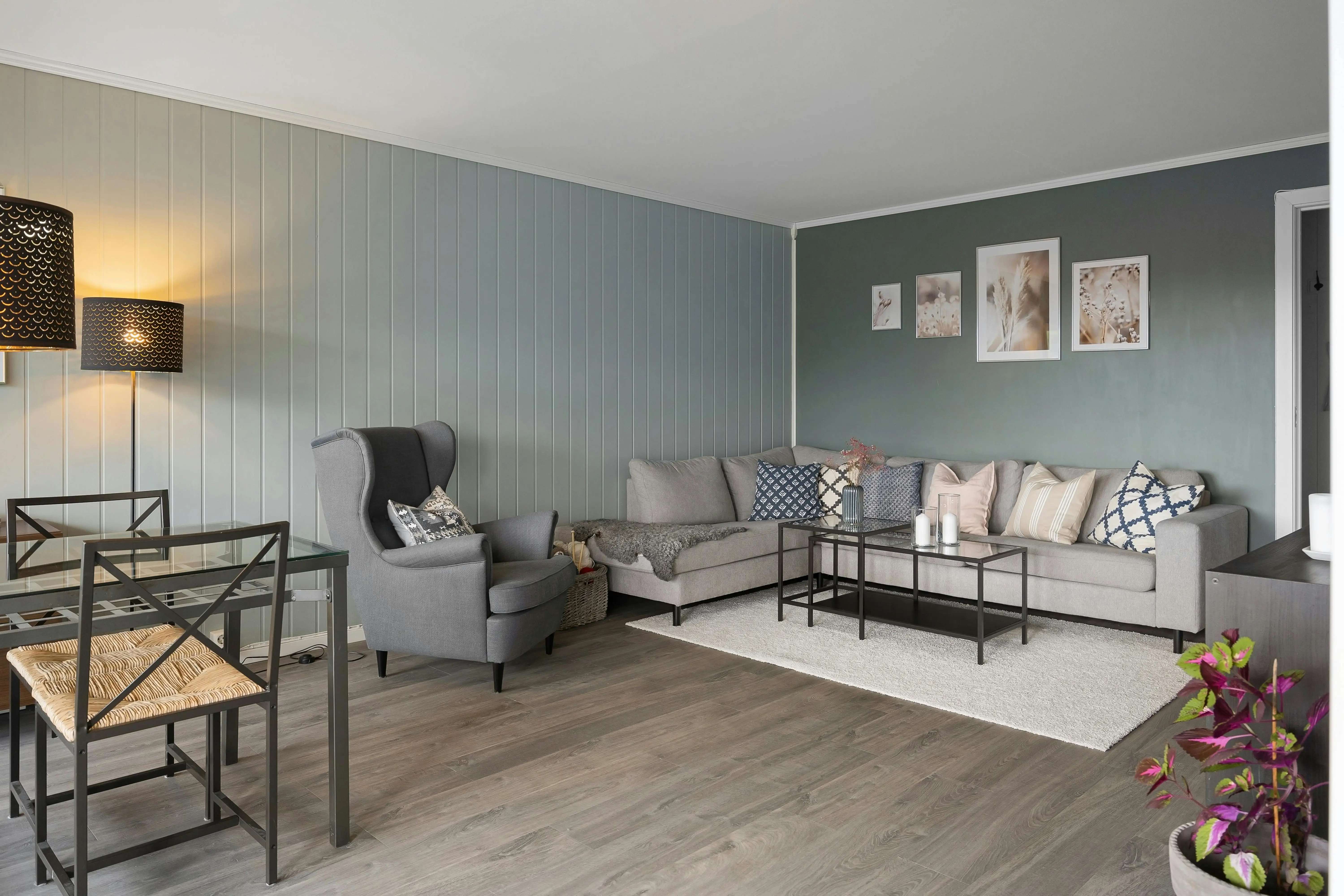 dark gray paint Sleek gray living room with modern furniture and stylish decor elements.