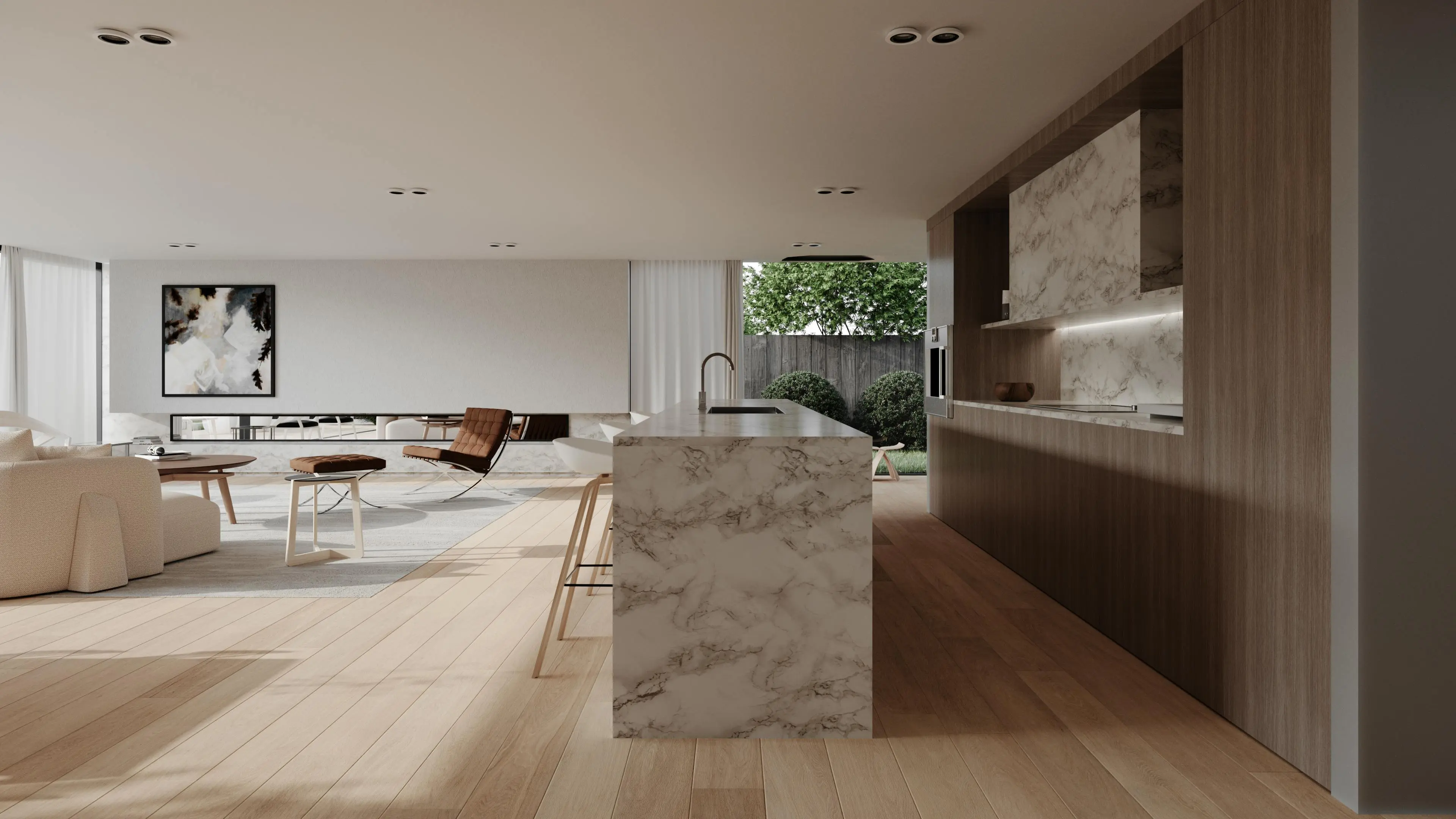 green marble Stylish modern kitchen and living room with marble countertops and open design.
