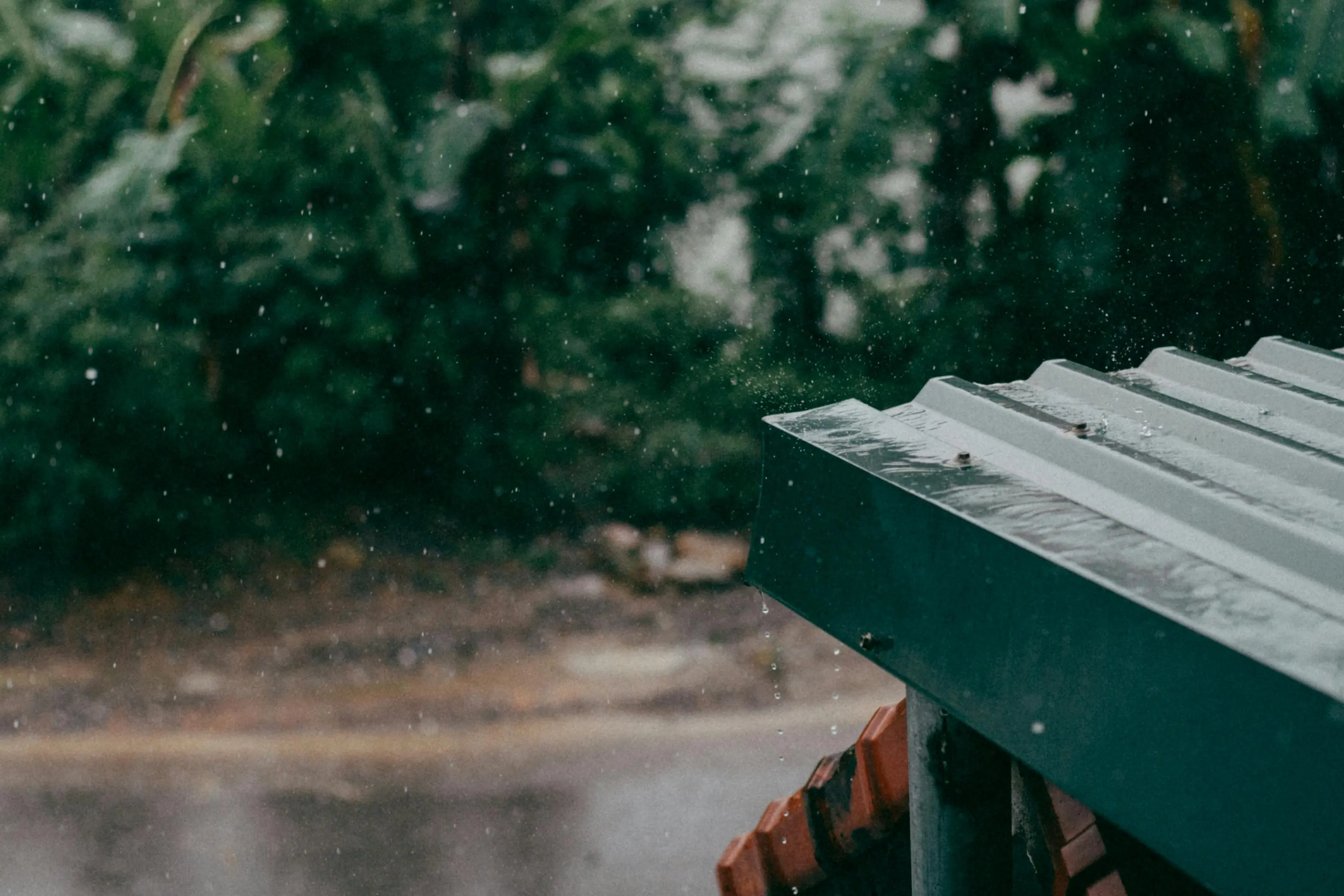 metal roof sealant Metal rooftop in the rain with greenery, creating a tranquil outdoor scene.