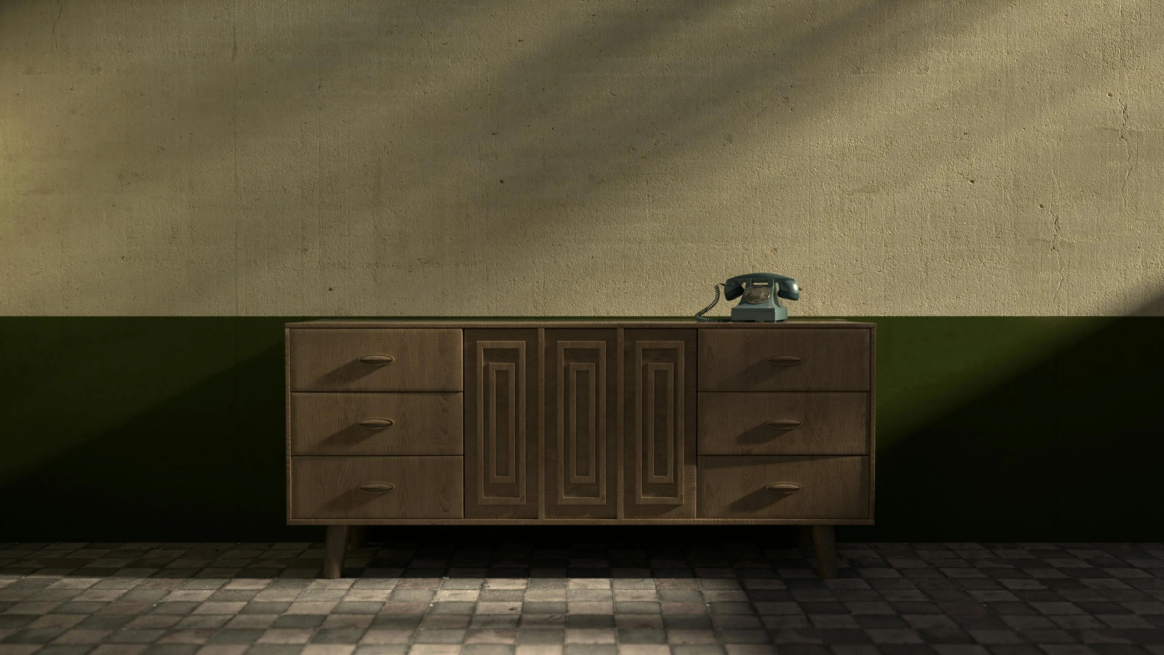 mid century modern art A classic wooden cabinet with a retro telephone adds charm to this minimalist interior.
