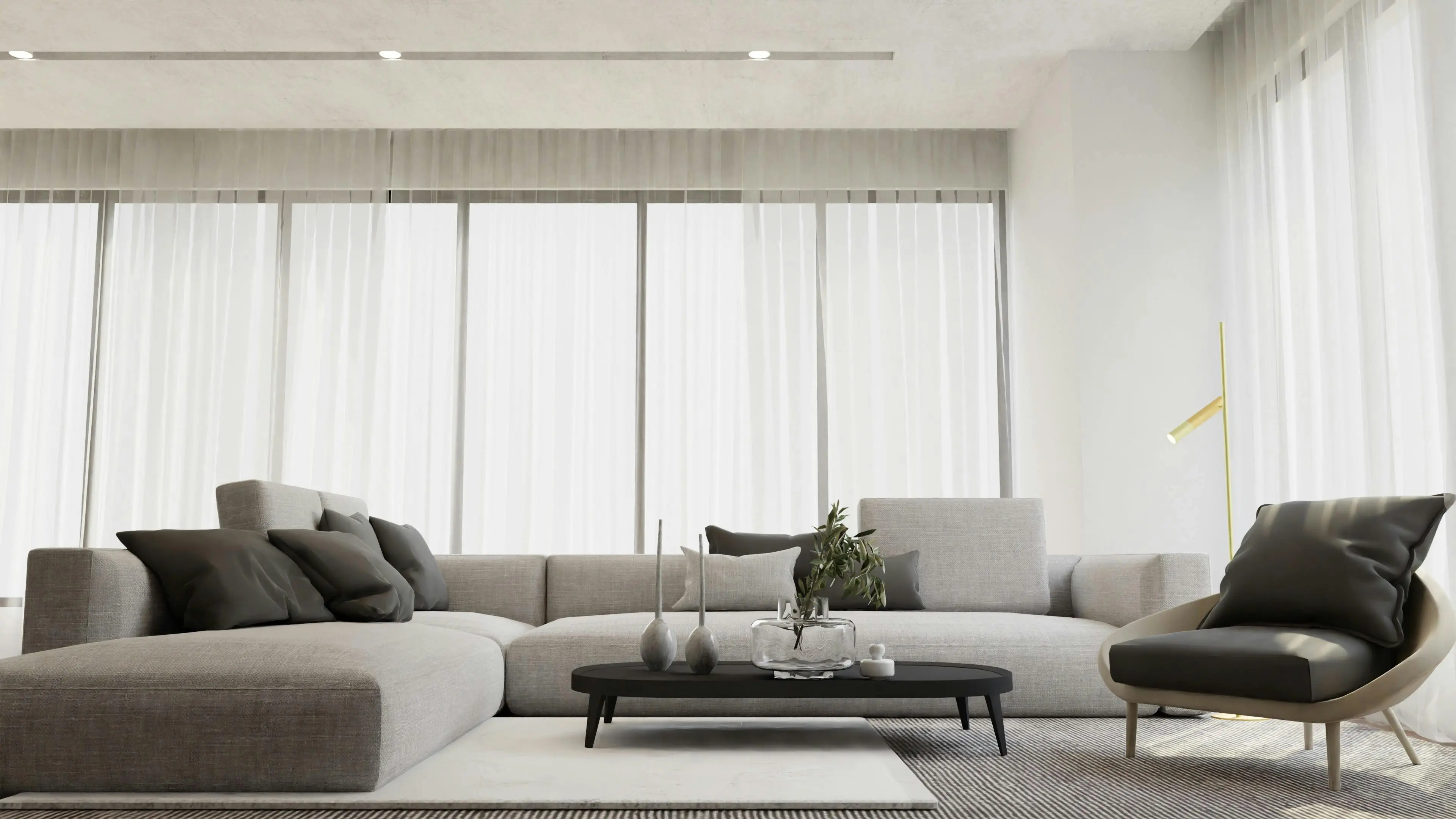living in a tiny home tips Bright and stylish modern living room interior featuring a chic gray sofa and a sleek coffee table.