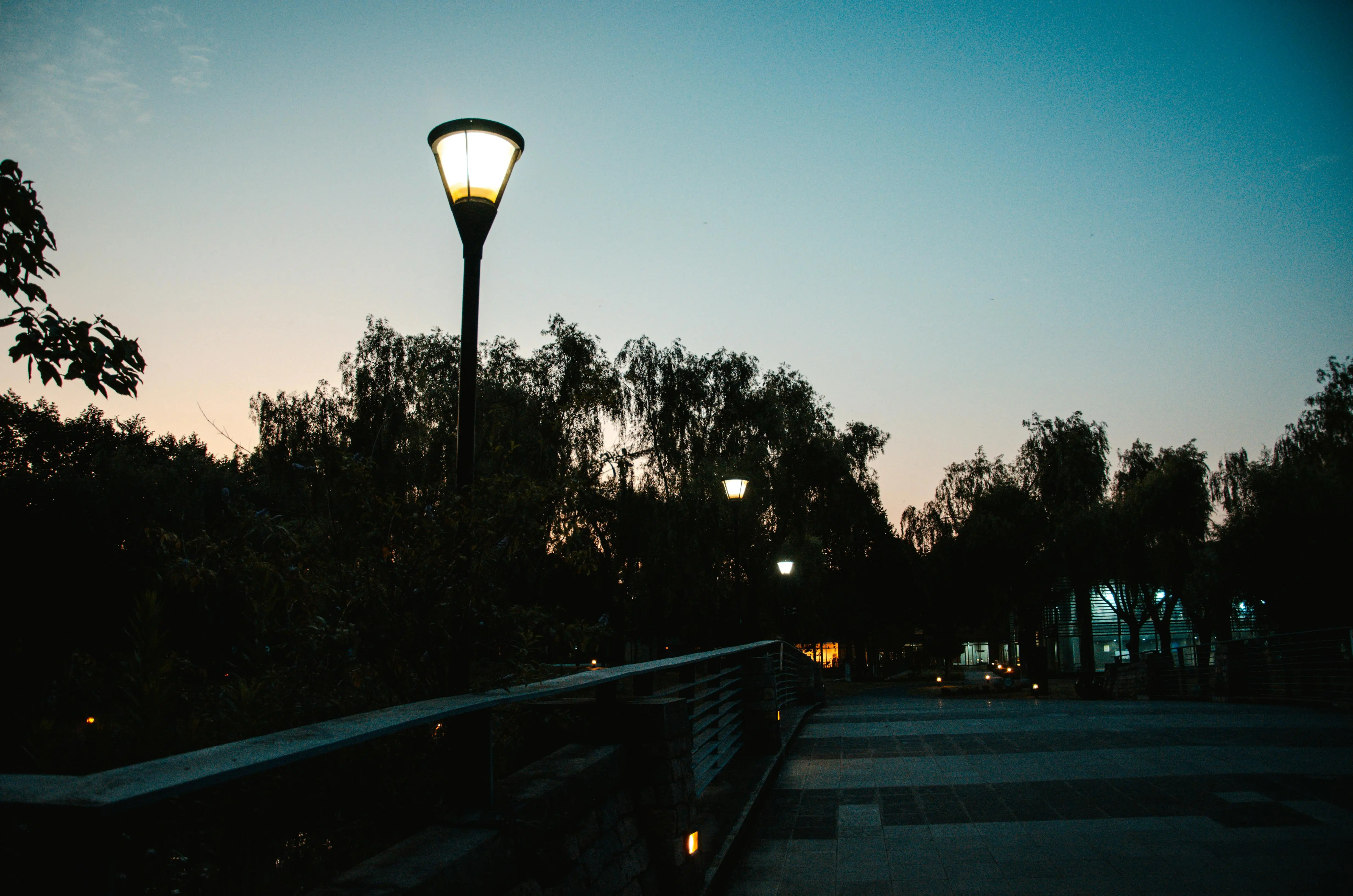 pathway lights Tranquil park scene at dusk featuring lit streetlamps against a twilight sky.
