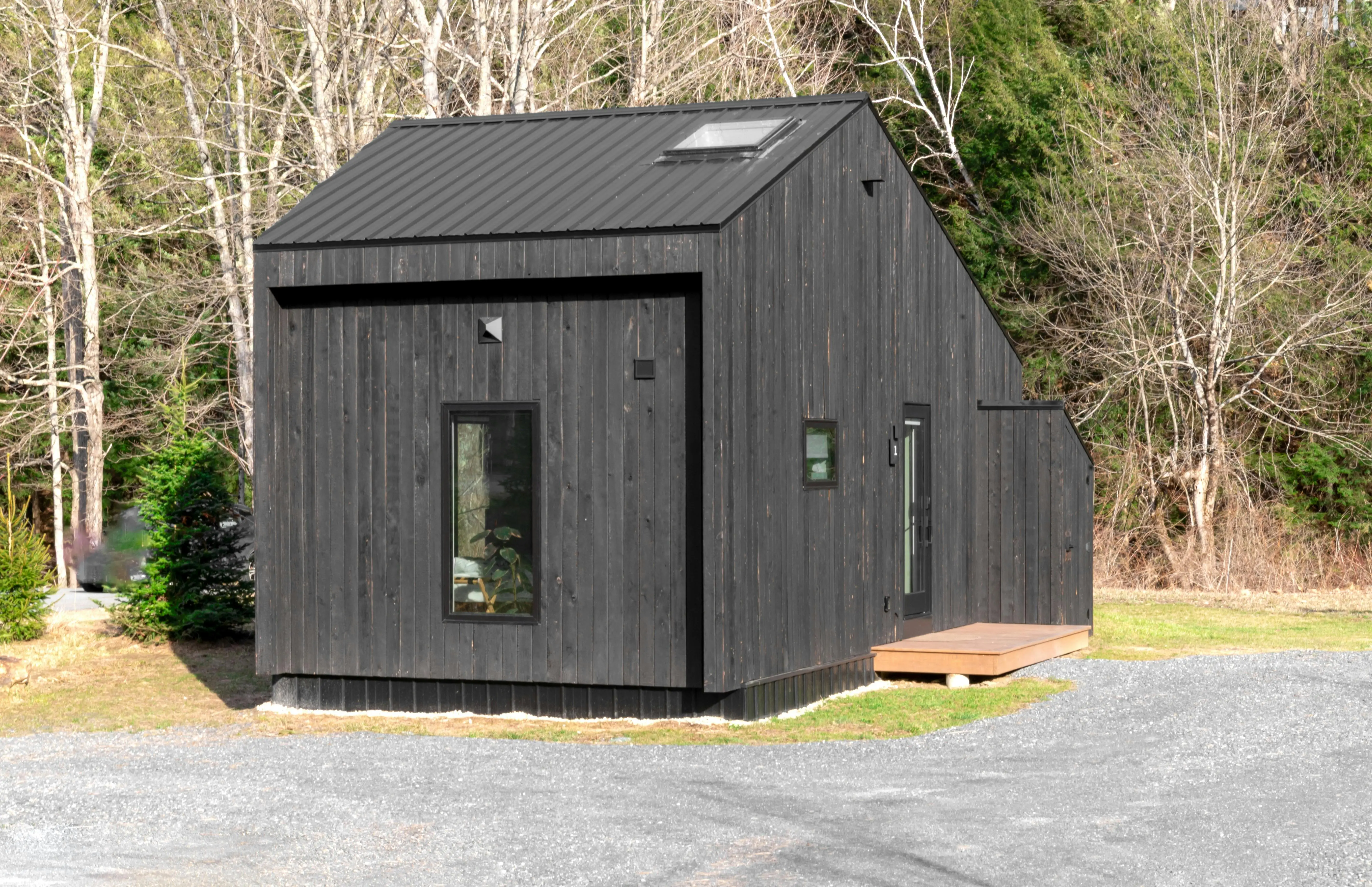 living in a tiny home tips A minimalistic black tiny house nestled in a forest area, showcasing sustainable living.