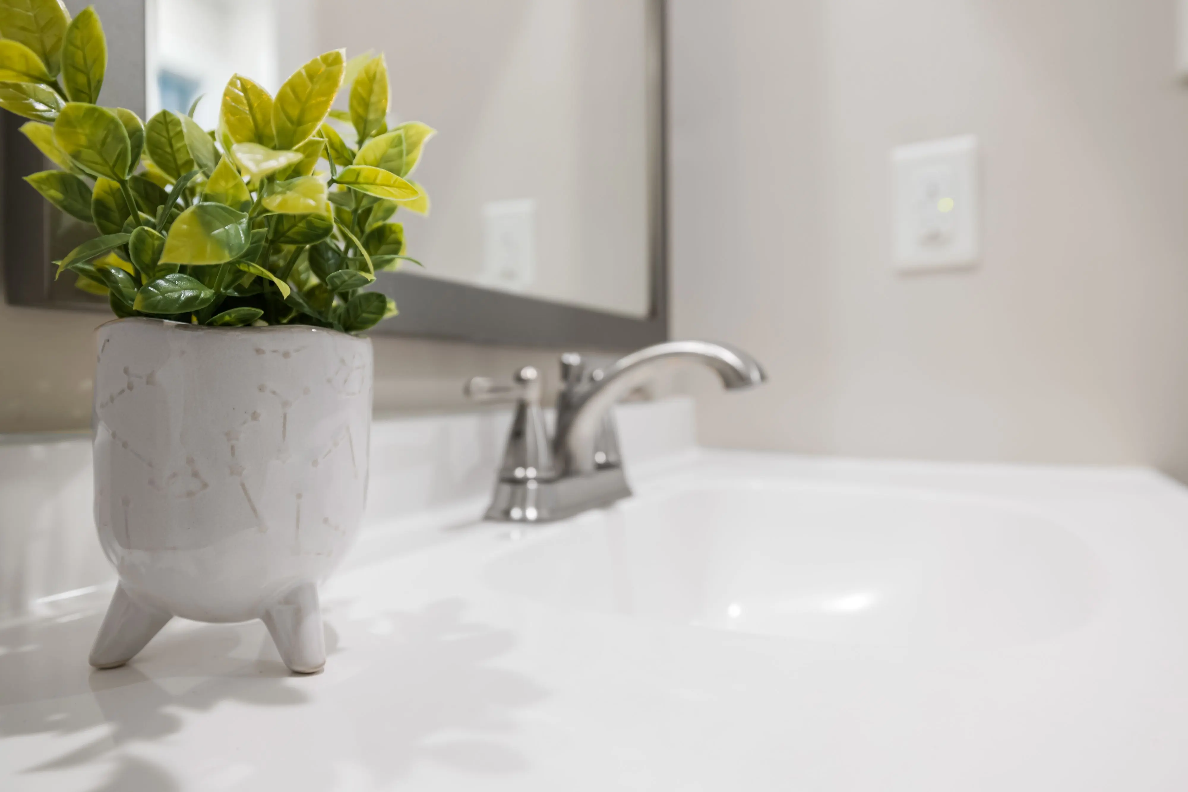 bathroom wall accessories Close-up of a potted plant next to a chrome bathroom faucet on a clean countertop.