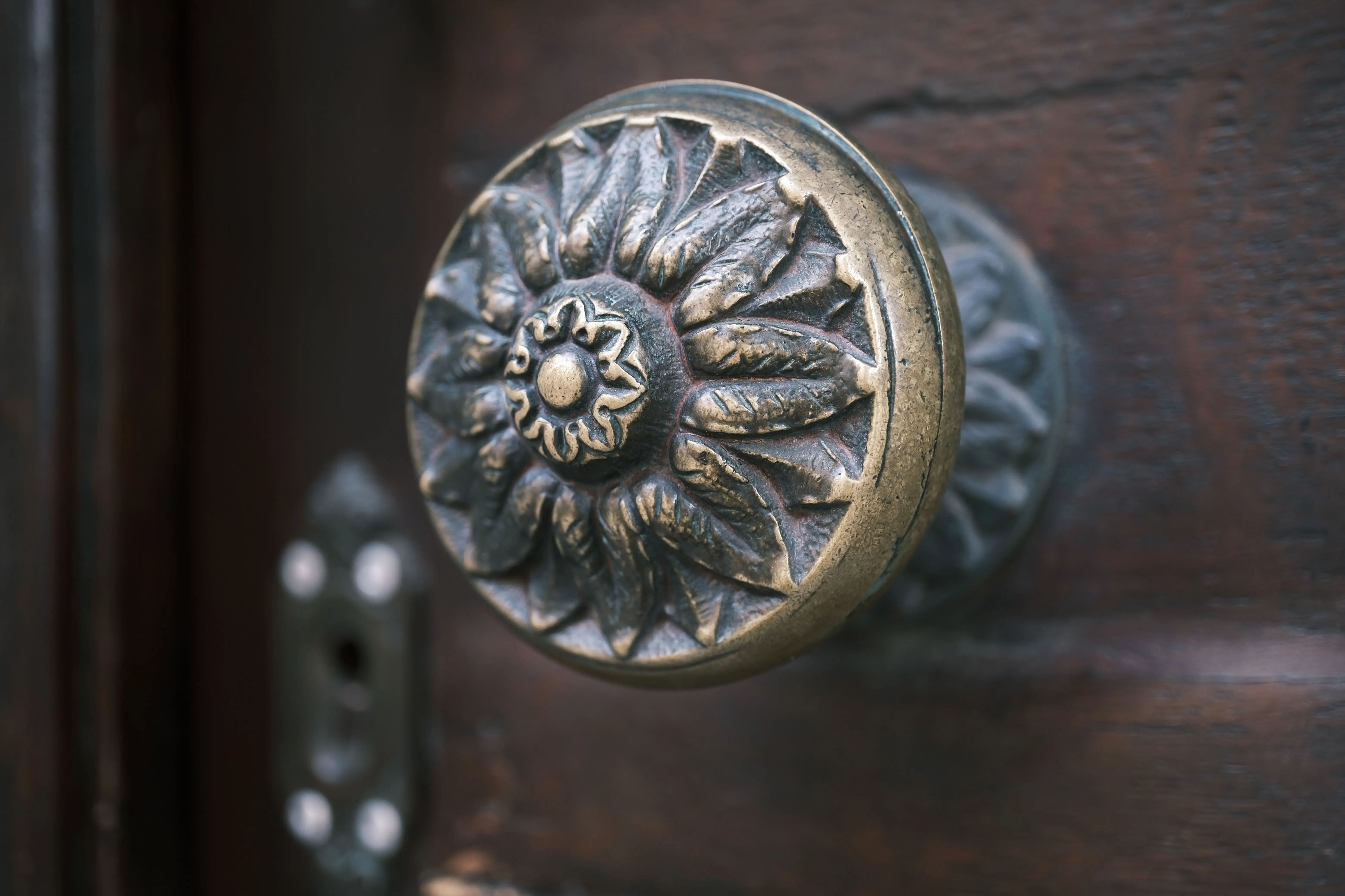 gold kitchen hardware Close-up of a vintage brass door knob on a wooden door with intricate floral design.