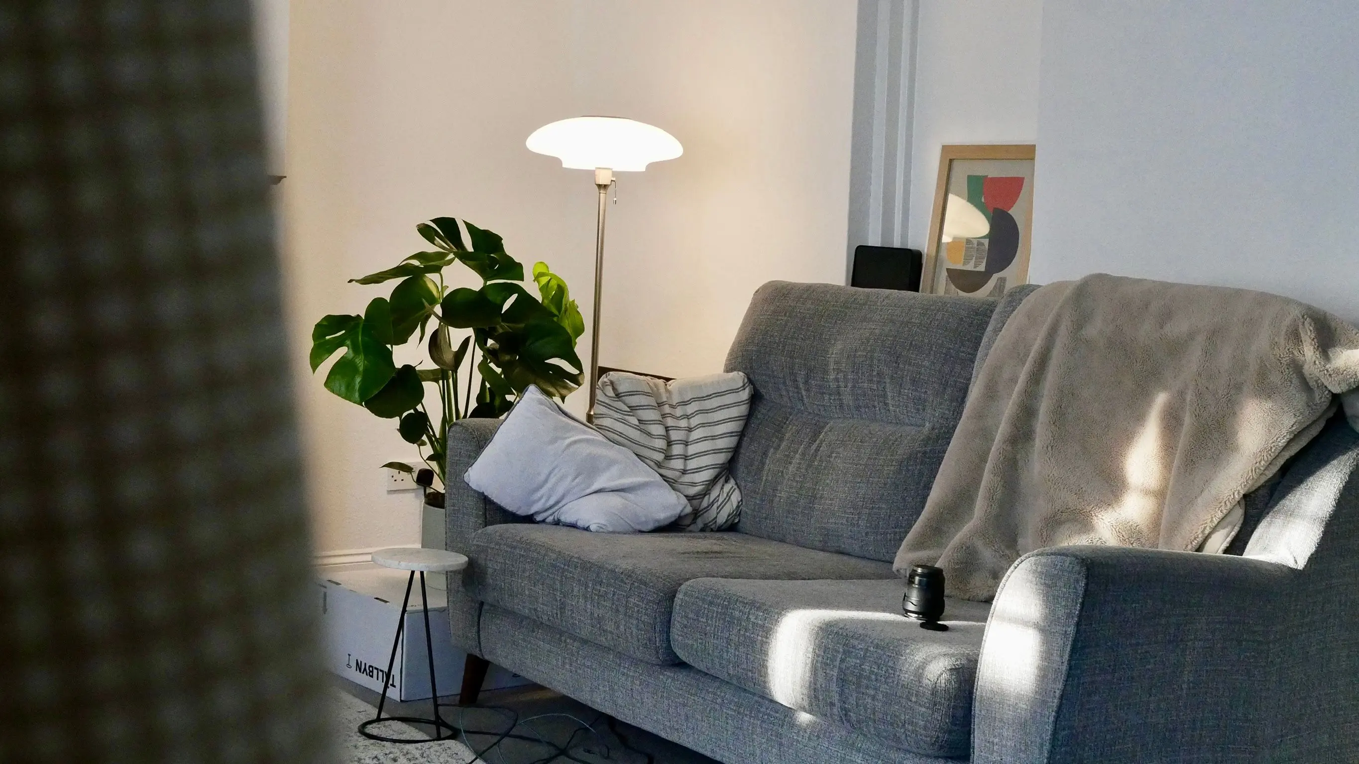 small living room ideas with tv A cozy living room featuring a grey sofa, floor lamp, and indoor plant bathed in morning sun.
