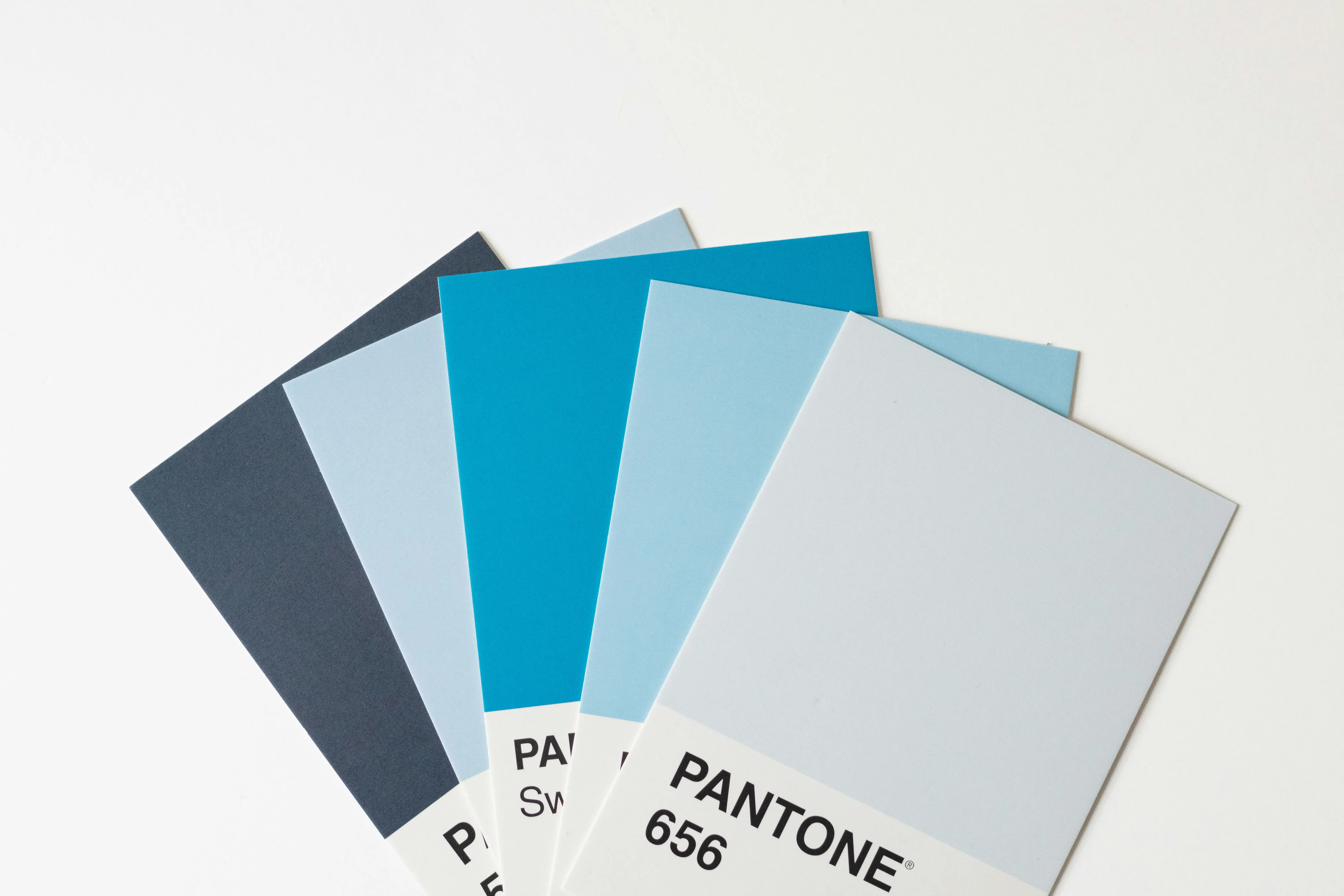 light green paint A collection of blue Pantone color swatches arranged on a white background for design inspiration.
