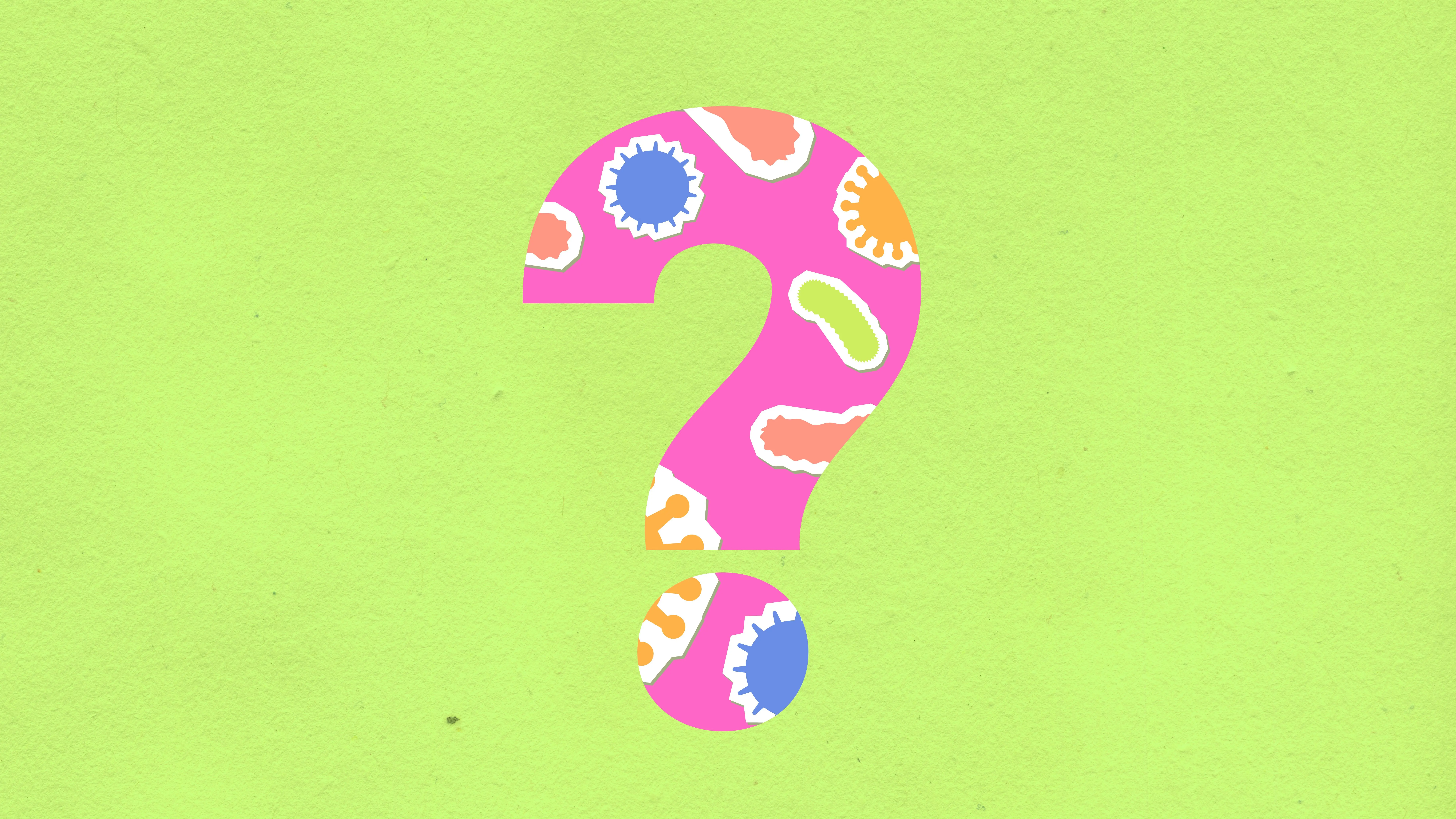 parrot food From above of decorative cardboard appliques of question mark with various oval shaped cells and microbes