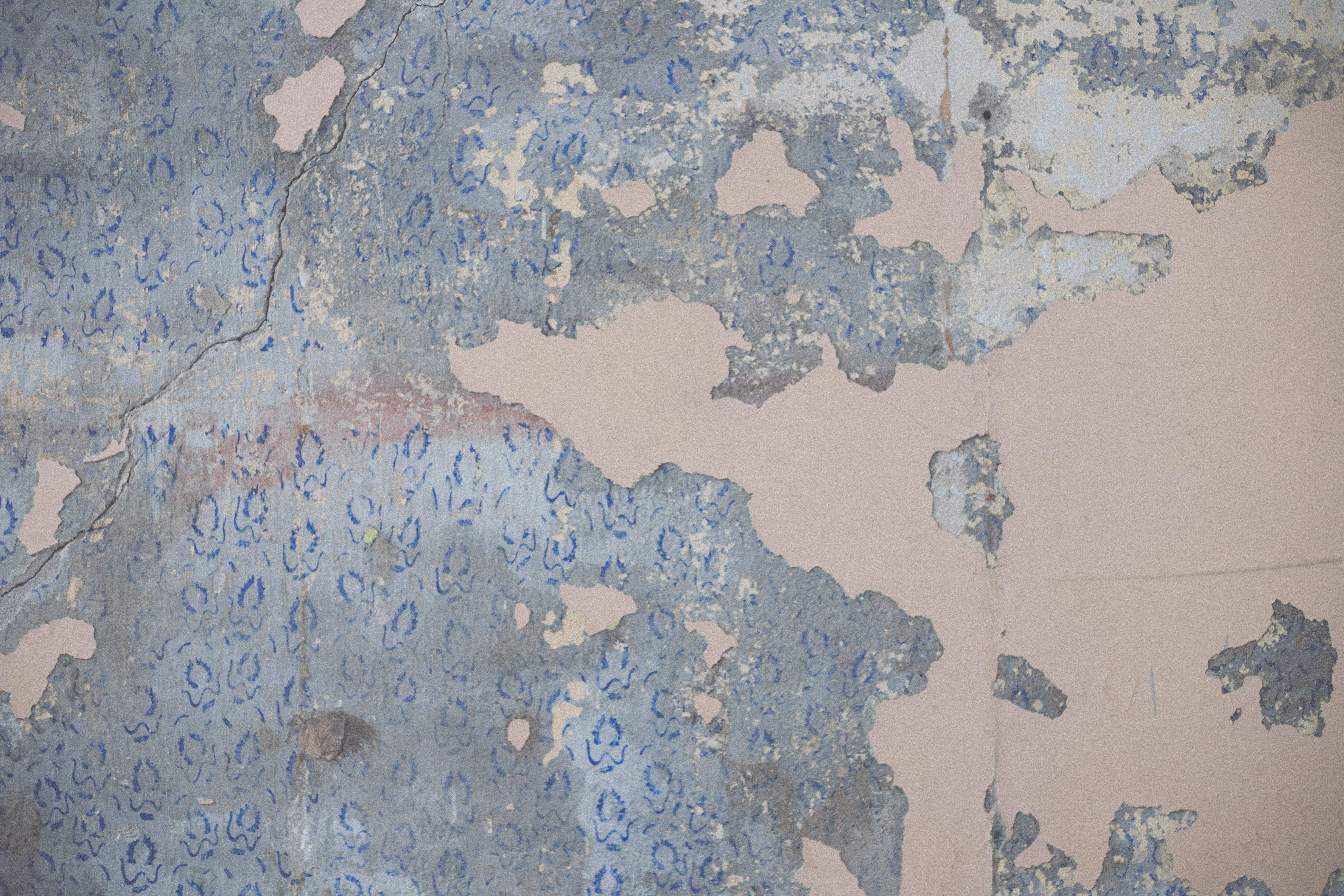 rustic wall decor Close-up of distressed peeling wallpaper with vintage blue floral patterns creating a rough texture.