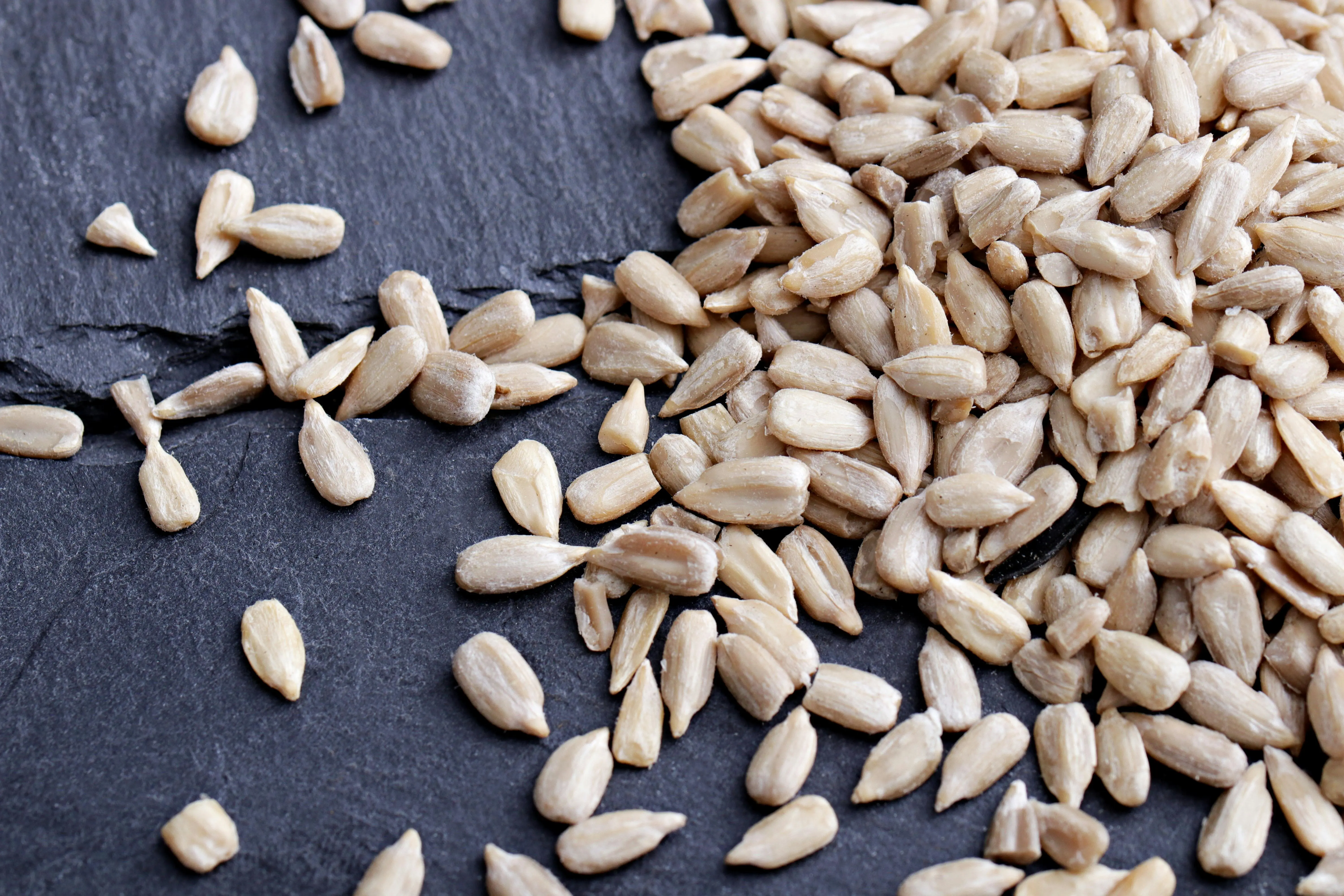 bird seed sunflower A detailed close-up image of organic sunflower seeds scattered on a slate surface, highlighting texture and freshness.